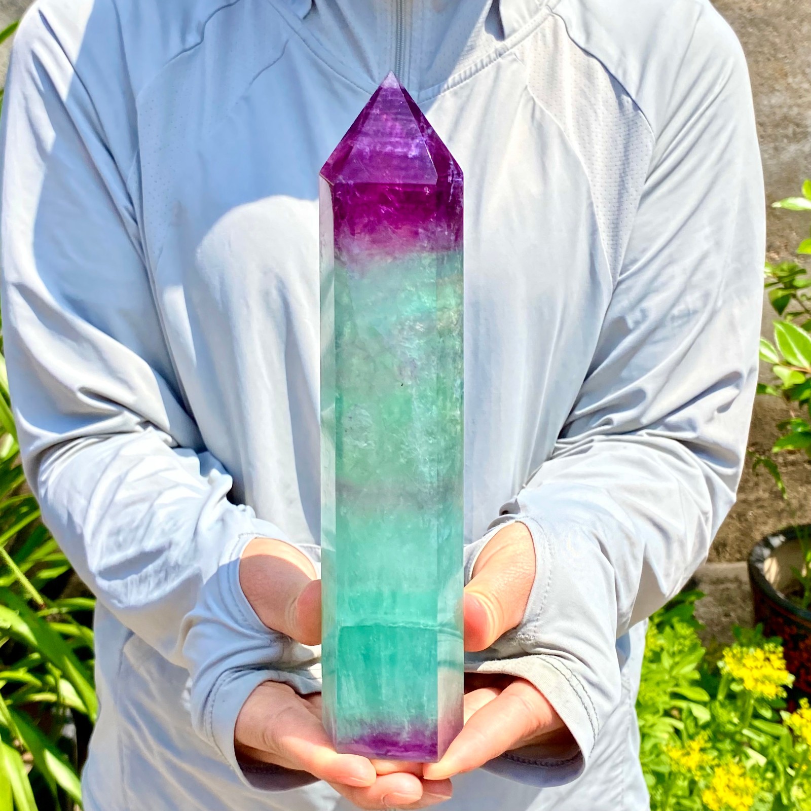 2.27LB Natural Rainbow Fluorite Obelisk Quartz Crystal Wand Tower Point Healing