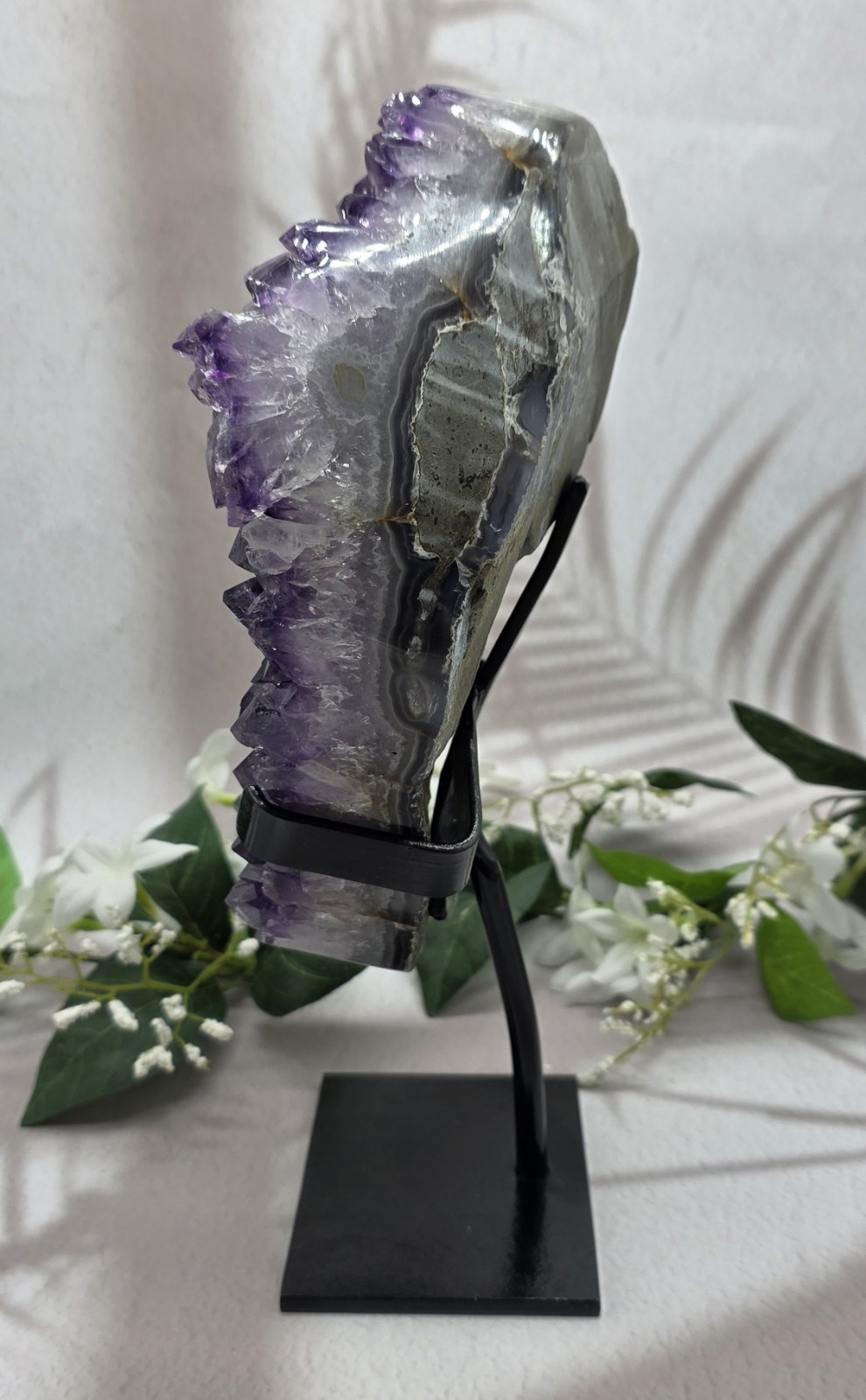 Large Uruguay Amethyst on Black Metal Stand Natural Purple Crystal Display