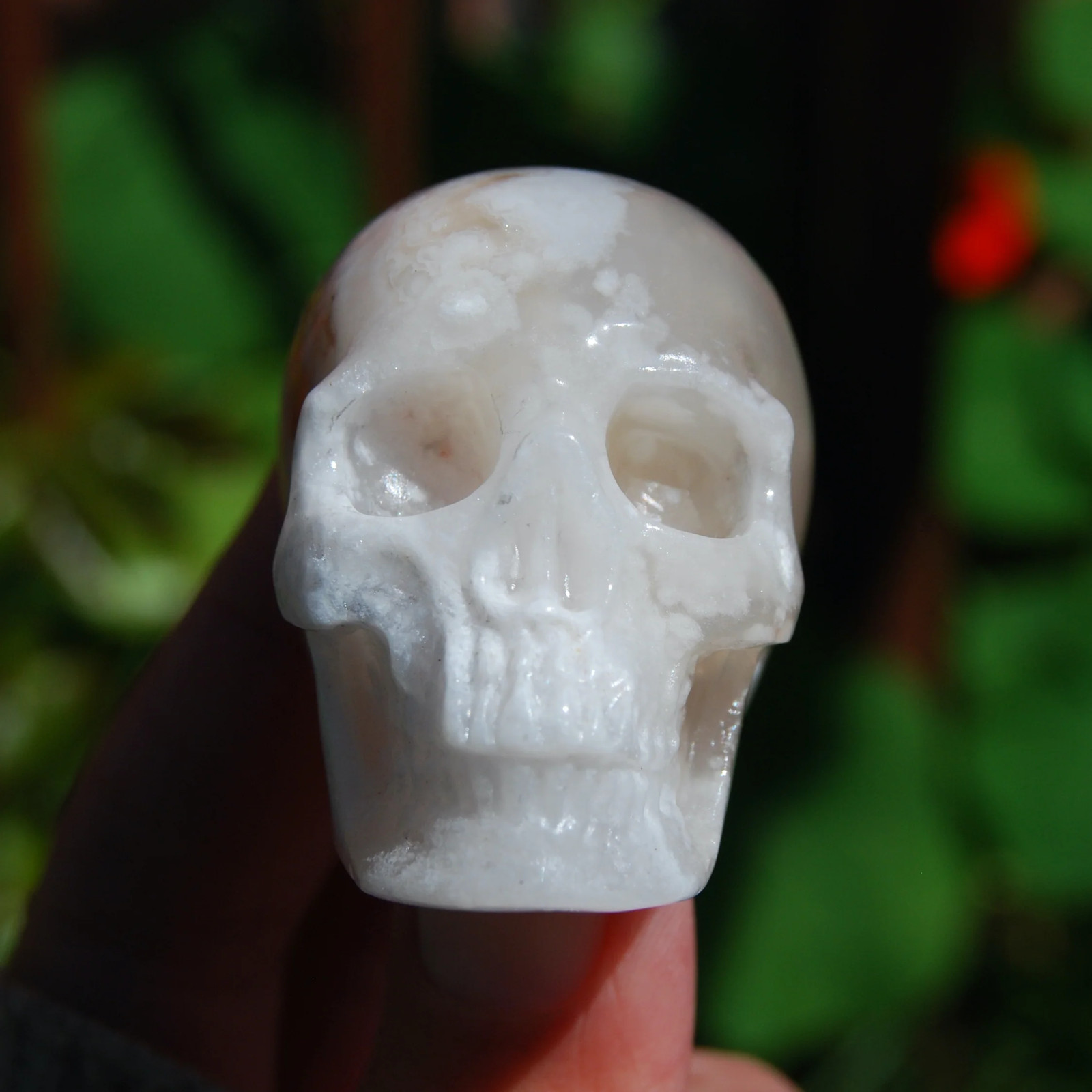 2in Sakura Flower Agate Carved Crystal Skull, Realistic Peach White Sakura Agate