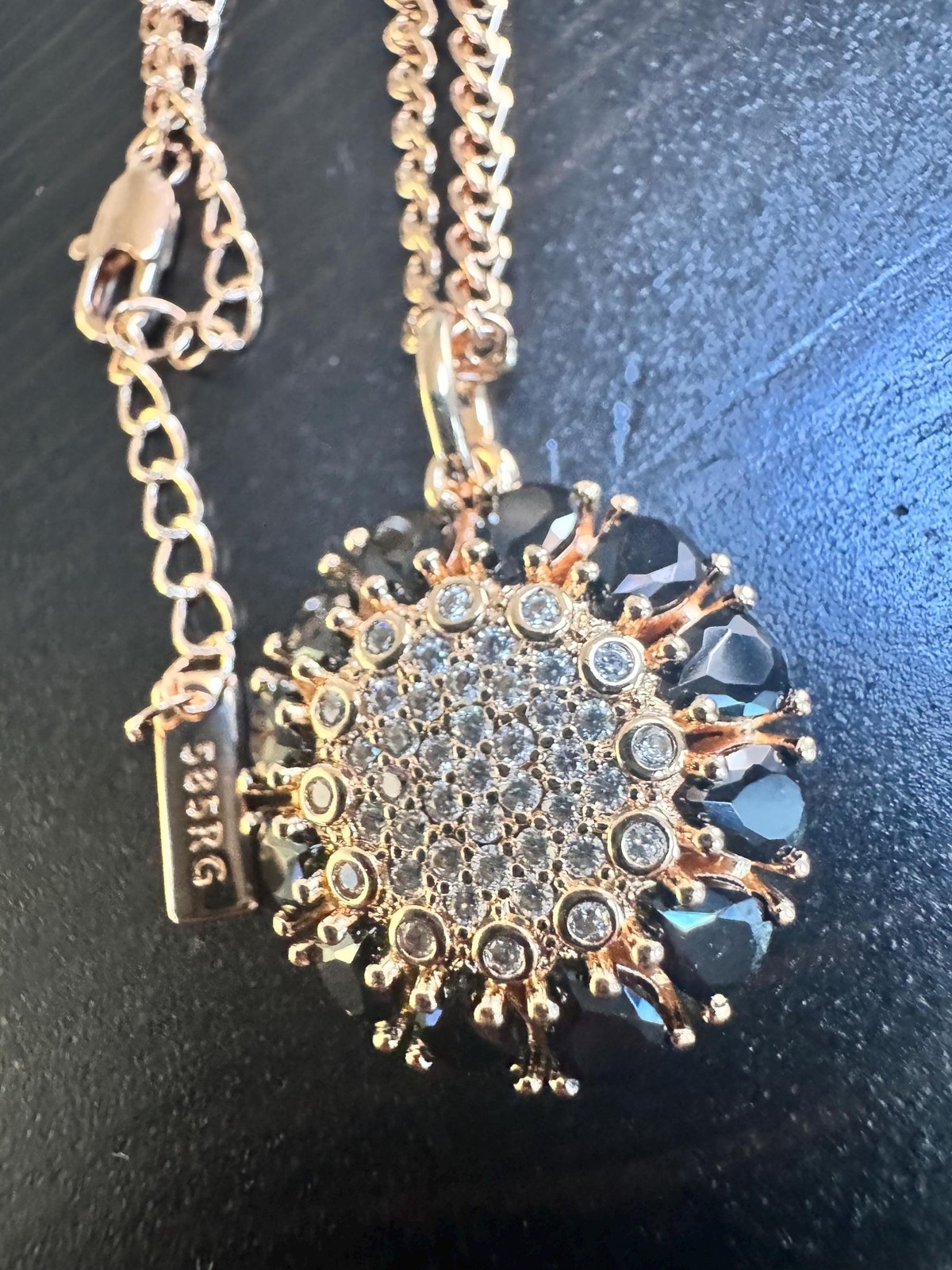 585 14K RG Stamped Black Spinel Zircon Sunflower Pendant 19” Necklace Chain