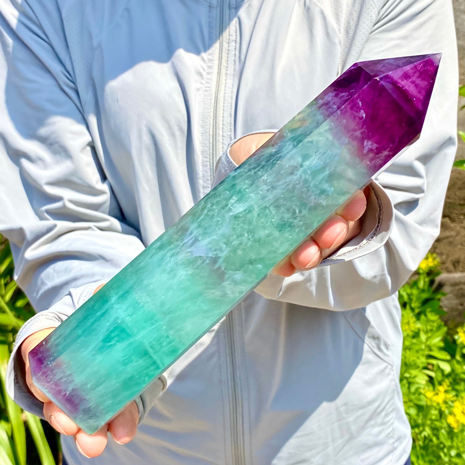 2.27LB Natural Rainbow Fluorite Obelisk Quartz Crystal Wand Tower Point Healing
