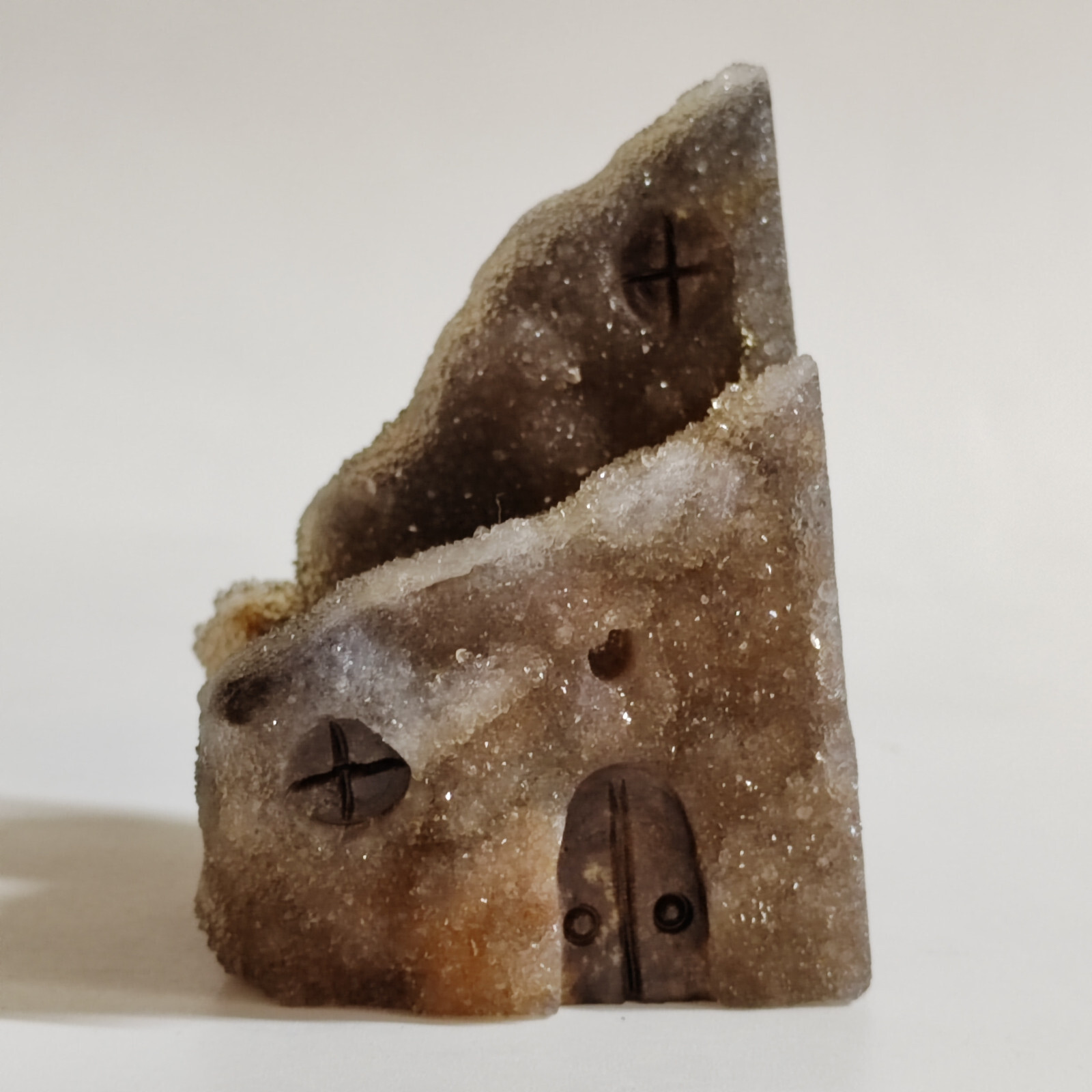 Natural crystal clusters, quartz mineral specimens, handmade carvings, house