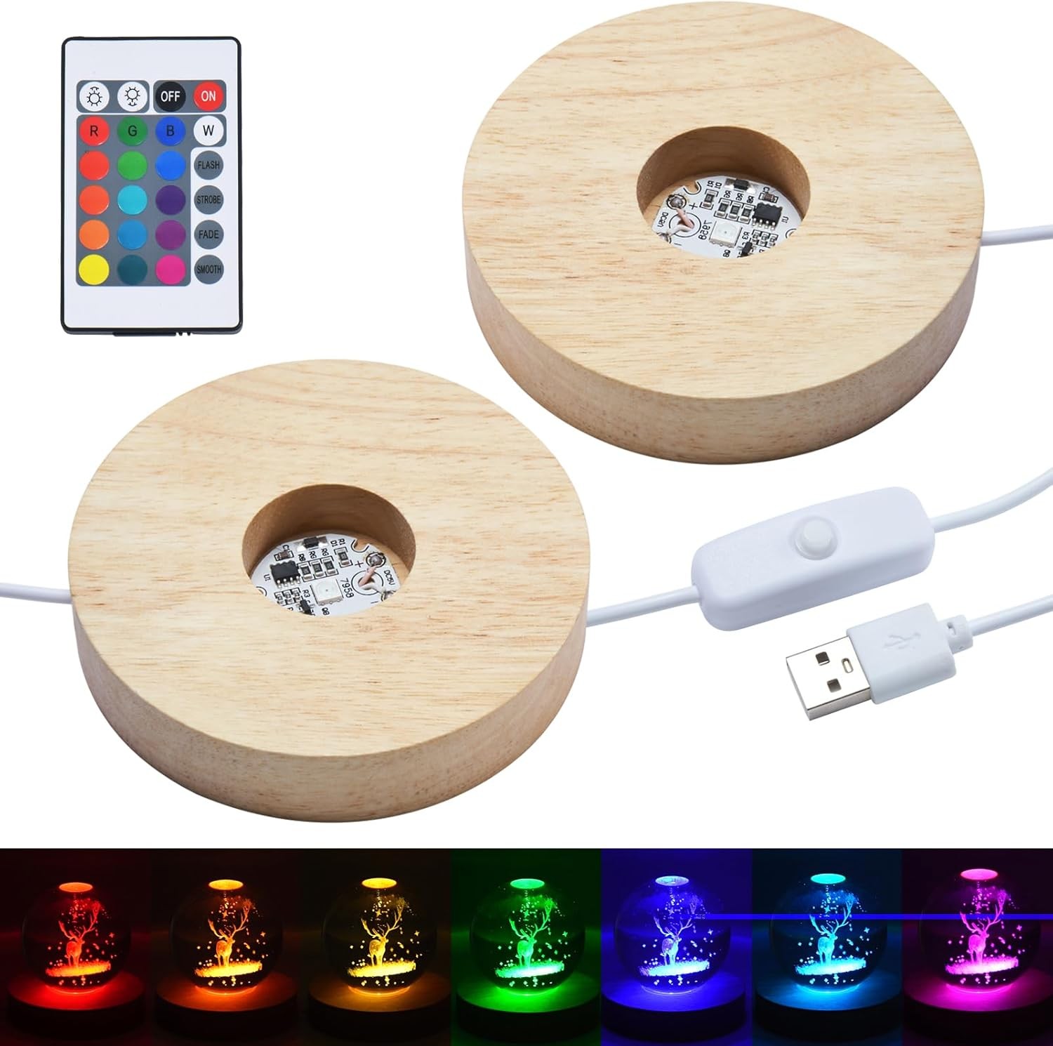 2PCS LED Wooden Round Light Base 7-Color Adjustable Display Stand for 3D Crystal