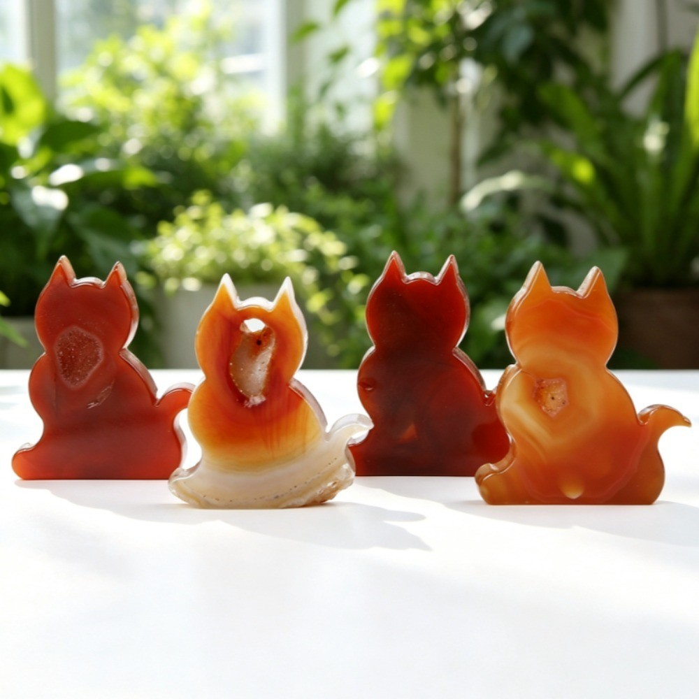Natural Red Agate Geode Lucky Cat Carving Crystal Stone Healing Desk Decor 2pcs