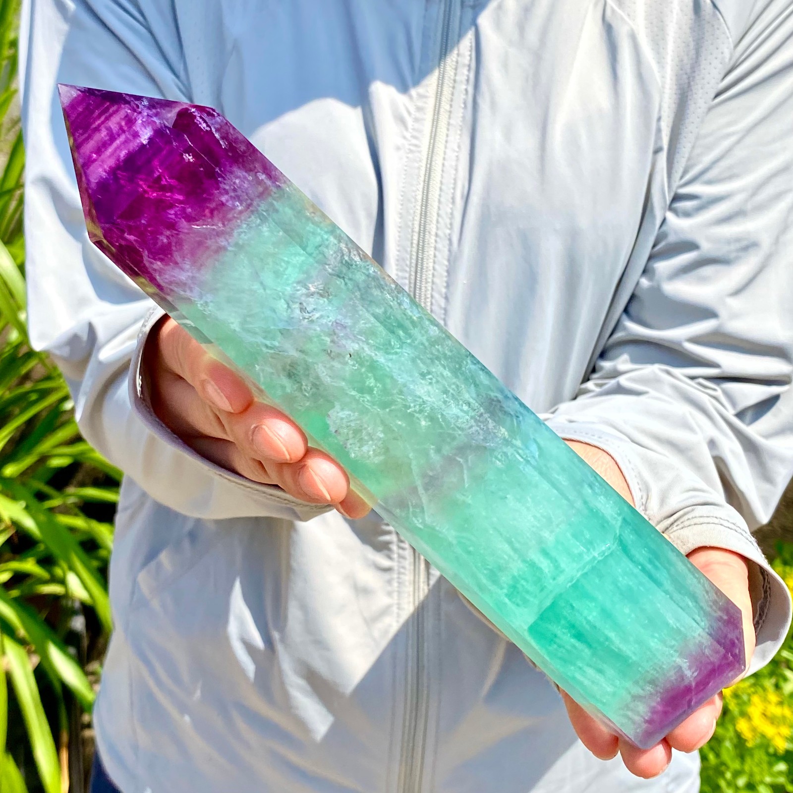 2.27LB Natural Rainbow Fluorite Obelisk Quartz Crystal Wand Tower Point Healing