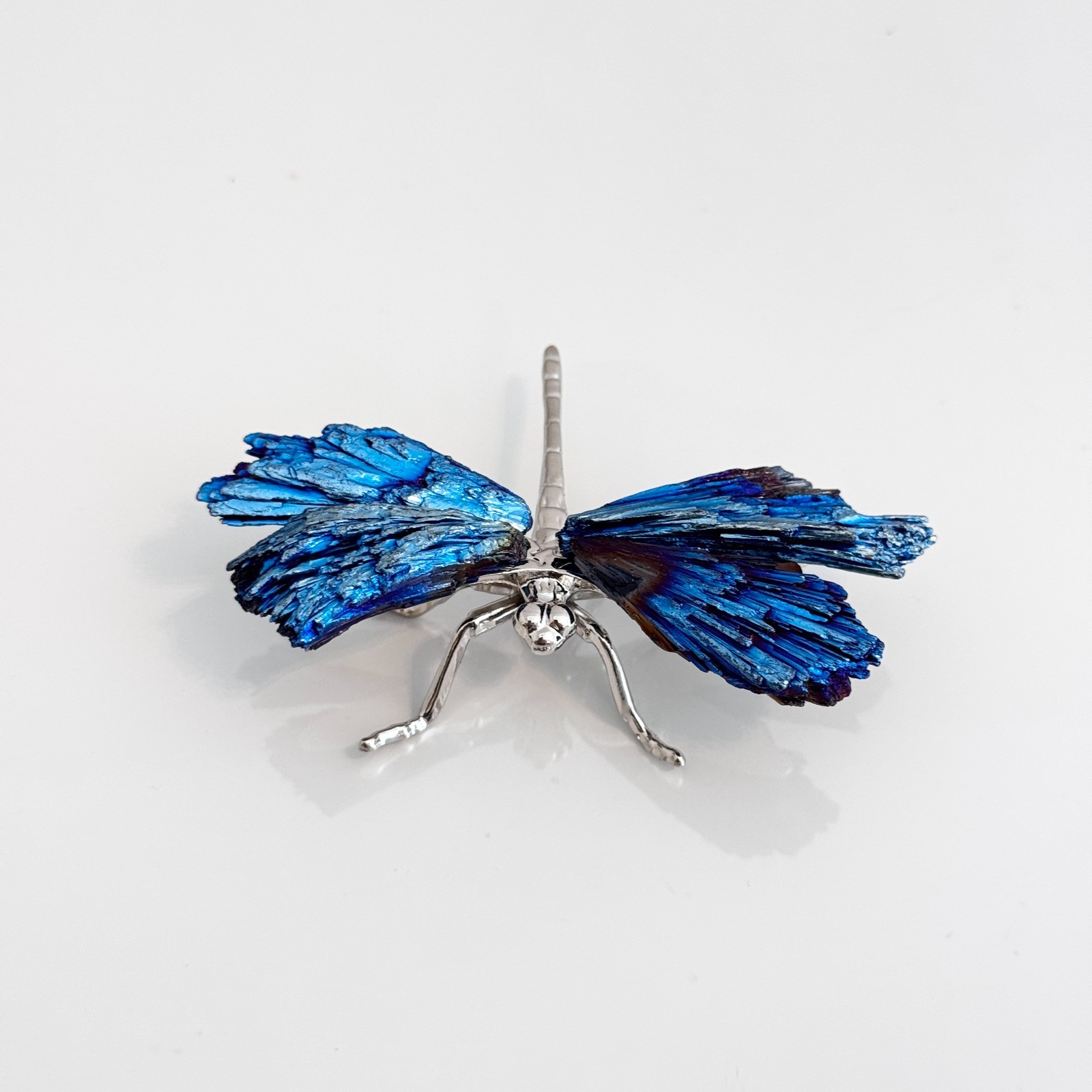Handmade Blue Kyanite Dragonfly Gold Tone Metal Crystal Figurine Boho Art 3 Inch