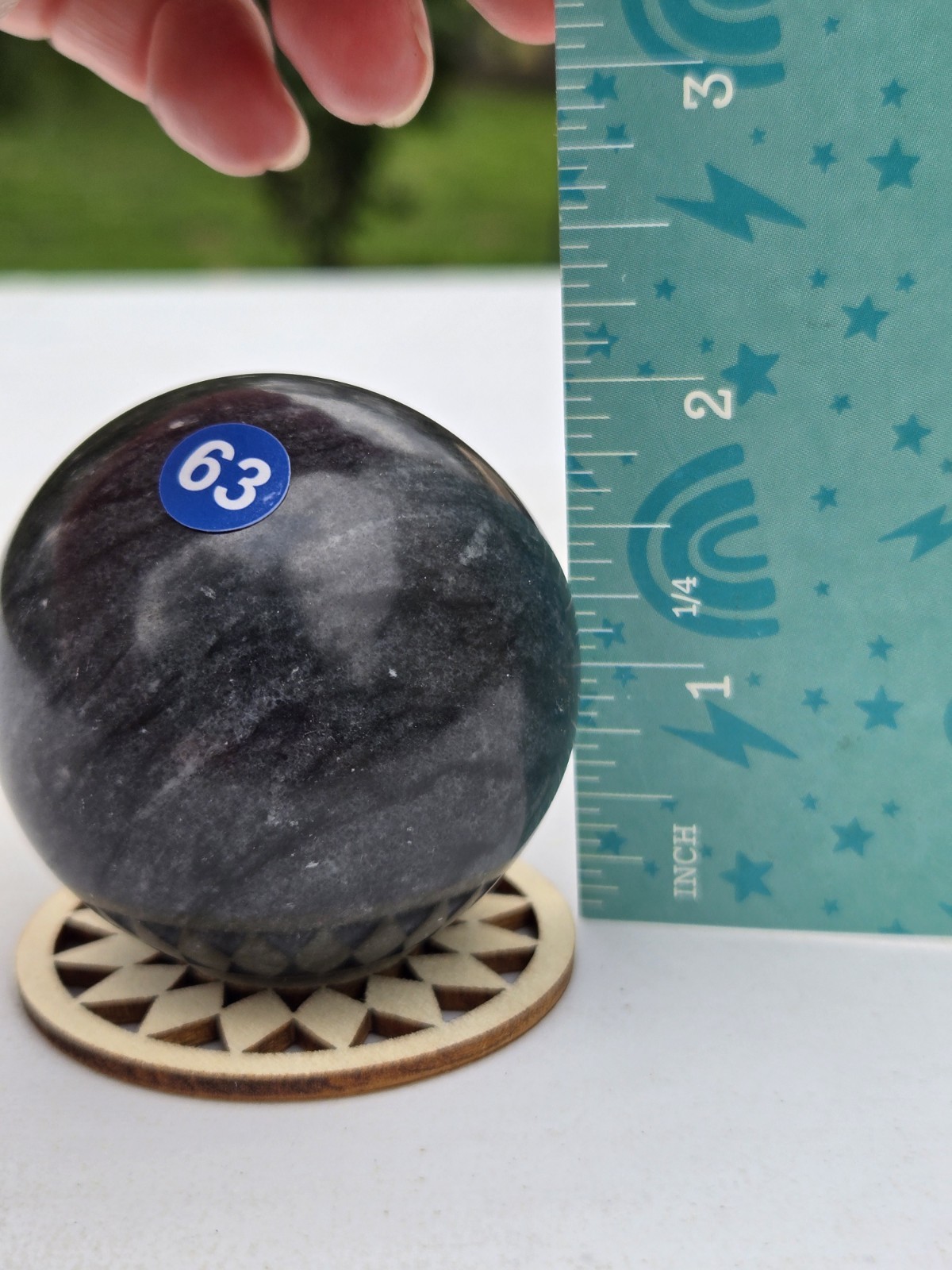black/ gray polished quartz crystal sphere display w/ stand 2.5in B64