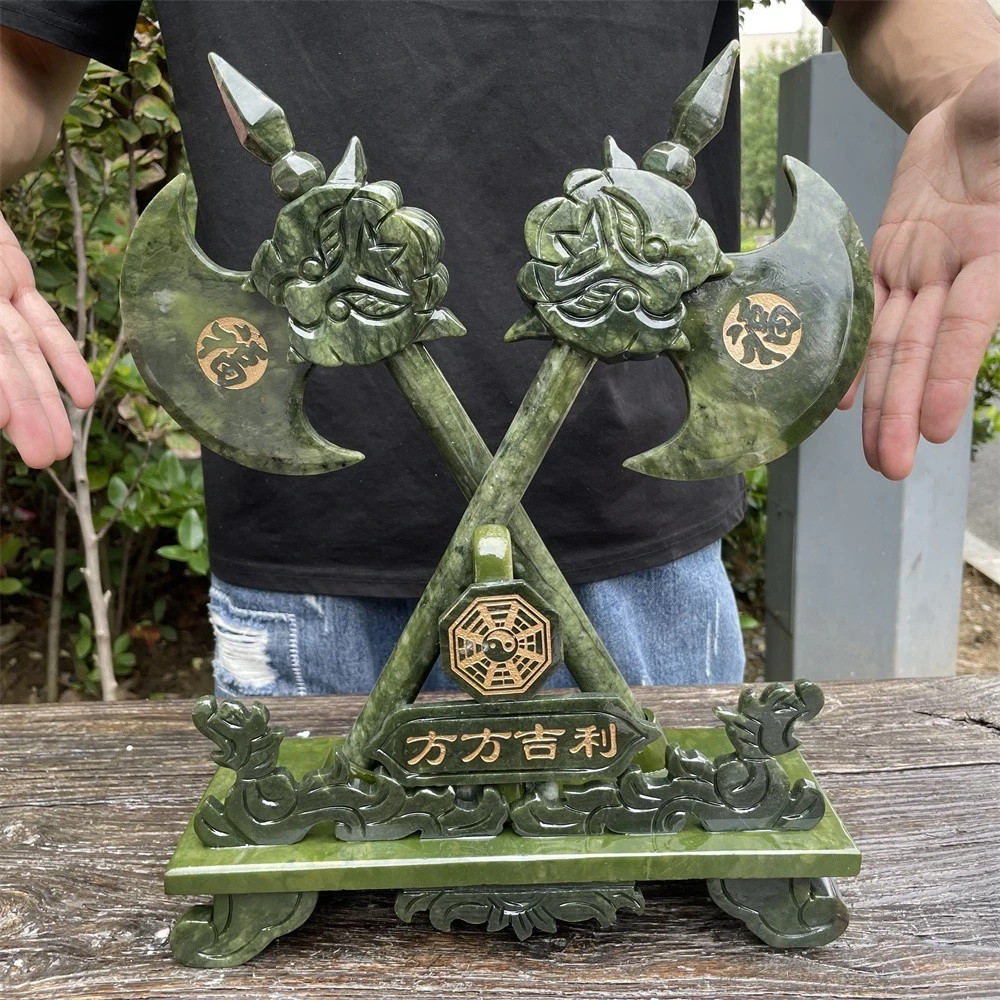 7LB 14.1″ Natural A++ Xiuyan Jade Auspicious Double Axe Platform Crystal