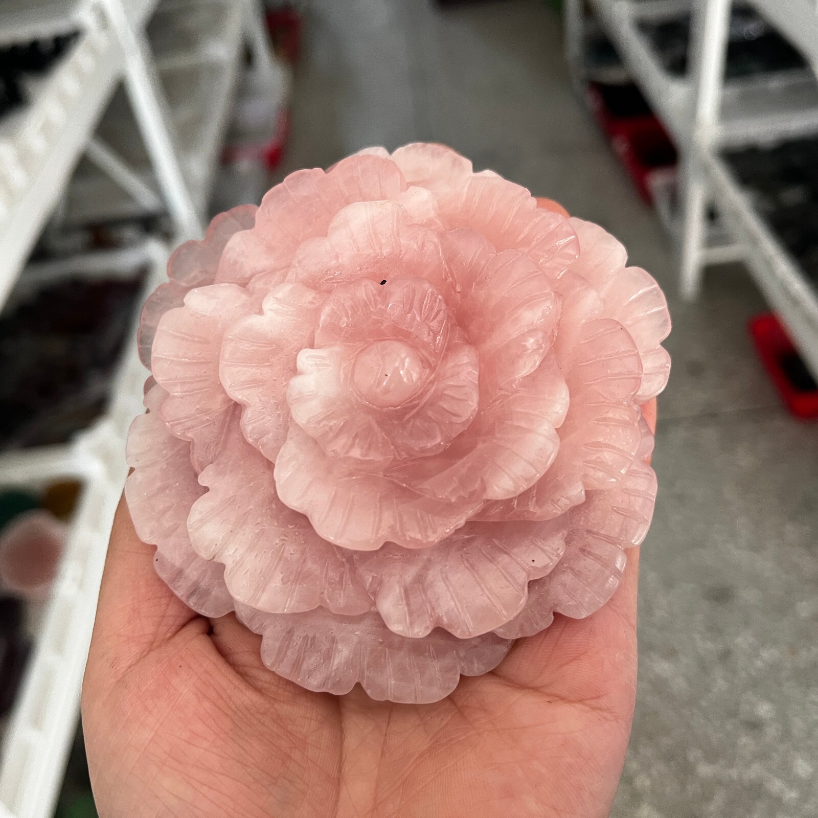 1PC Natural Pink rose Quartz Carved Peony Flower Skull Crystal Reiki gift