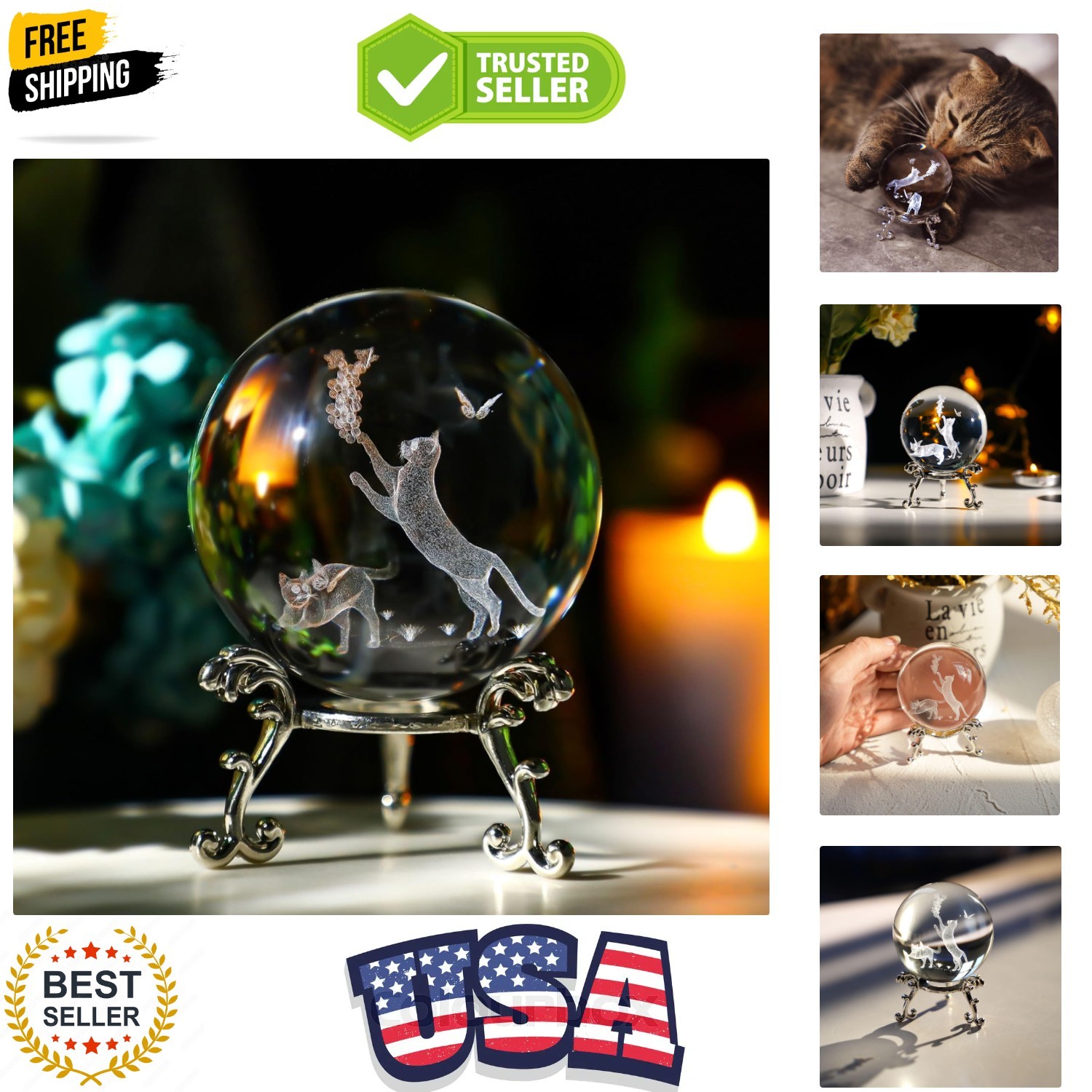 Cat Crystal Ball with Stand 60mm 3D Laser Engraved Decorative Ball Glass Sphe…
