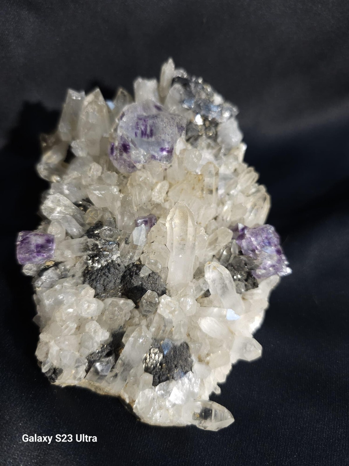 Rare Fluorite on Quartz Crystals with Tourmaline, Magnetite & Pyrite – Stunning
