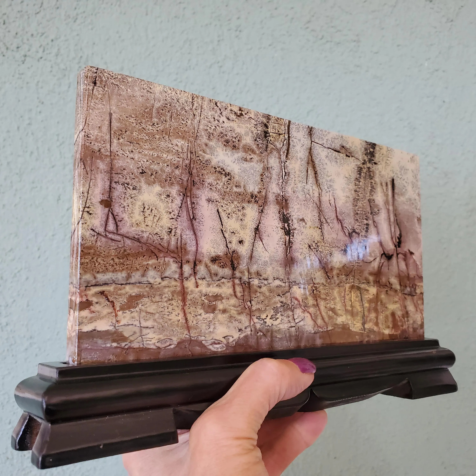 Picture Jasper Dendritic Display Crystal Statement Slab with Wood Stand 874 gram