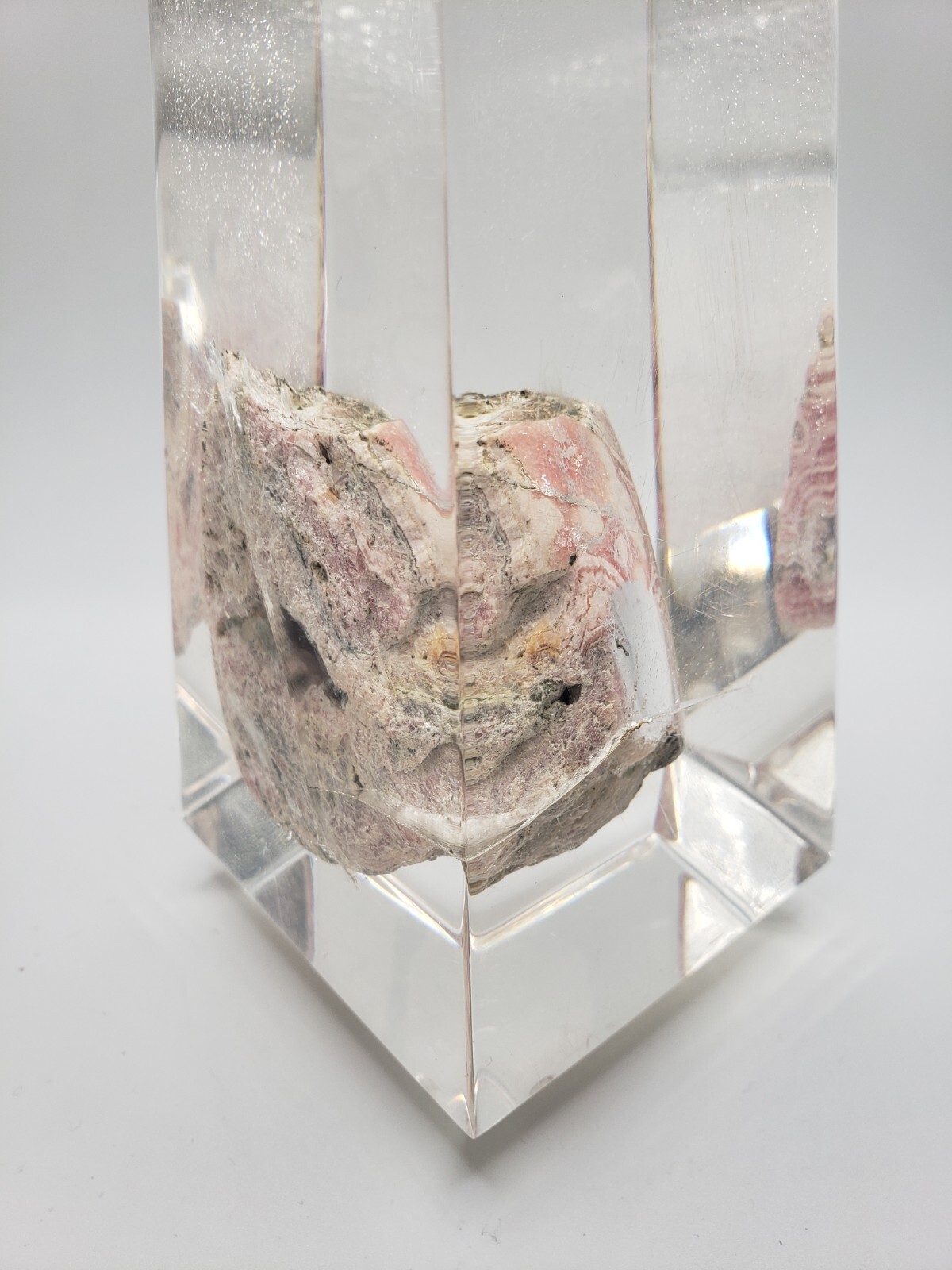 Rhodochrosite Stalactite Inca Rose Pink Mineral Specimen In a Lucite Sculpture