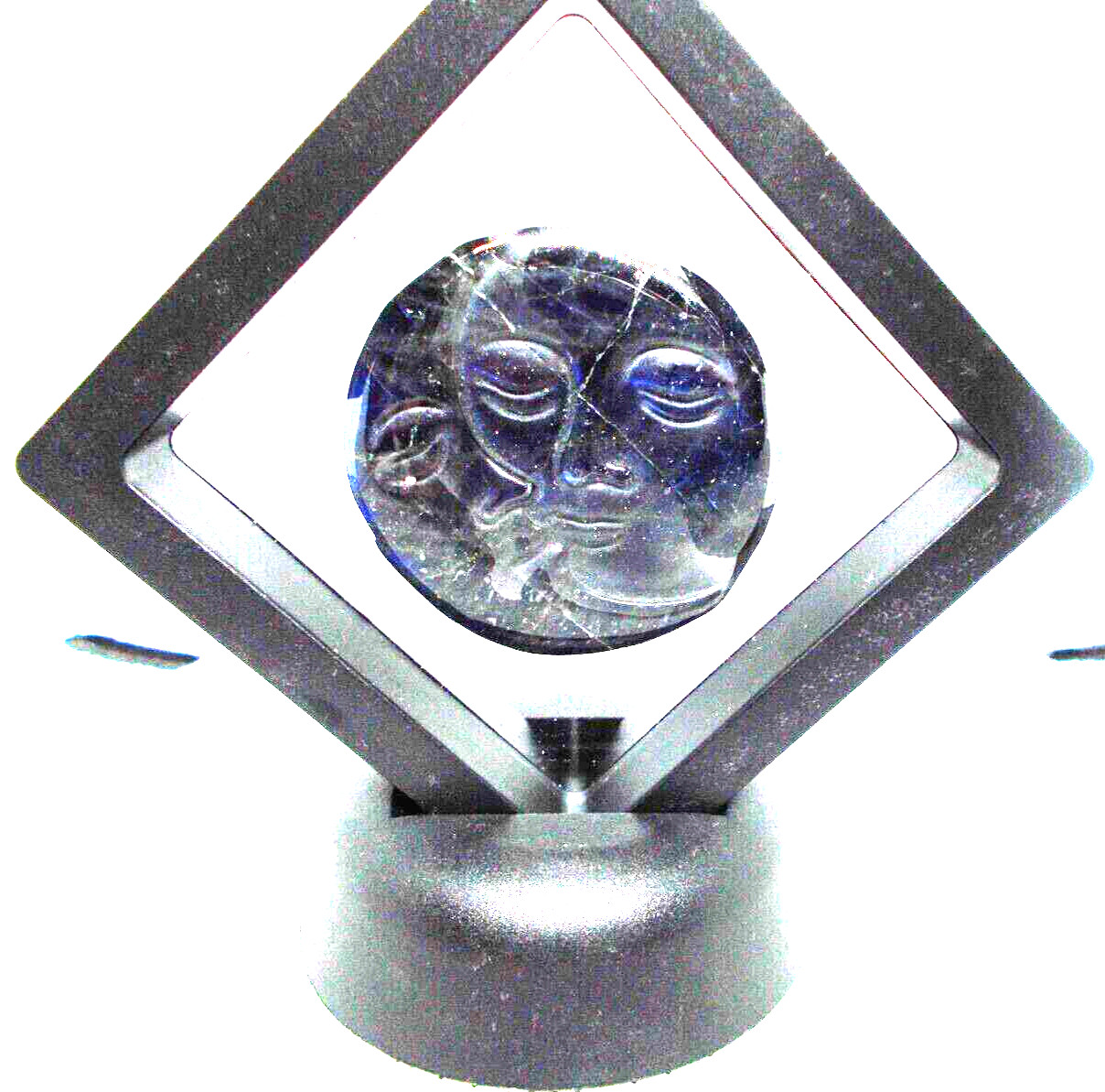 Labradorite blue carved face 1 1/2″ in display frame