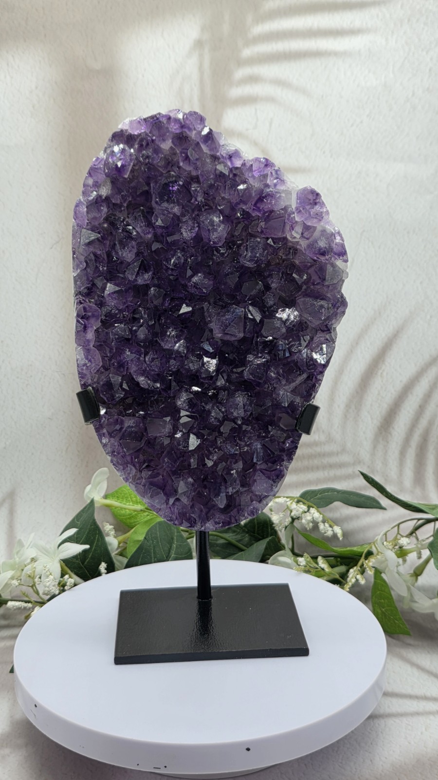 Large Uruguay Amethyst on Black Metal Stand Natural Purple Crystal Display