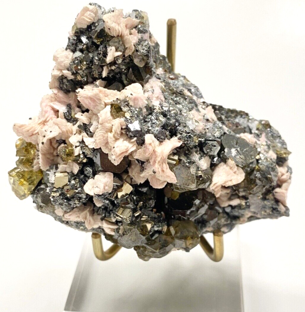 Rhodochrosite Pale Pink and Sphalerite Gem Golden and Black Crystals on Matrix