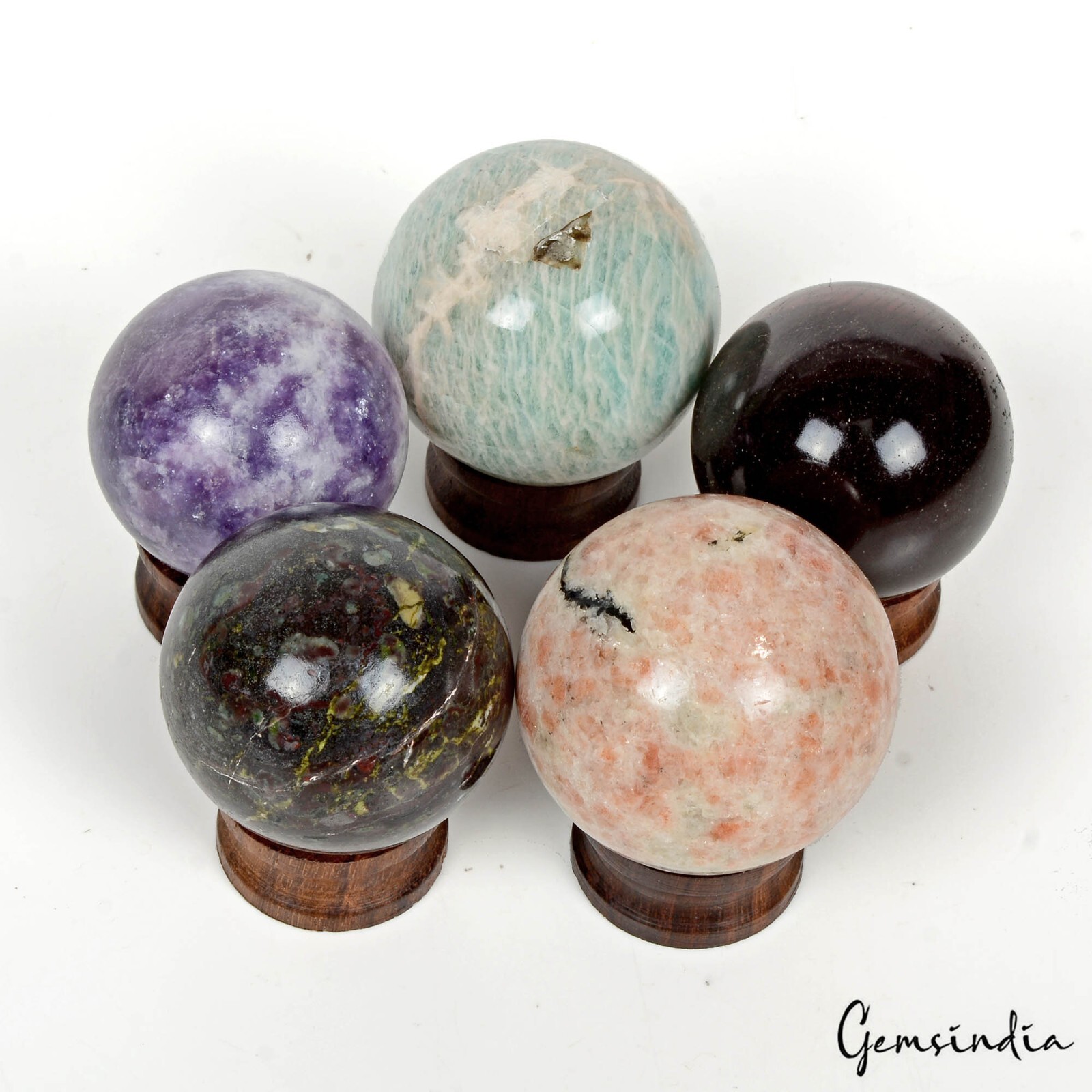 2240 Ct/5 Pcs Natural Untreated Multi Gems Healing Crystal Sphere Gem With Stand