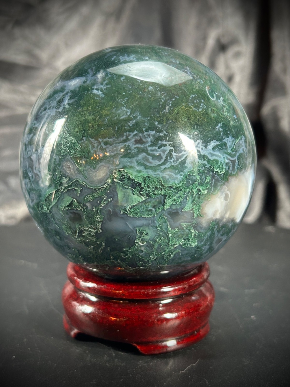 3.25″ Unique Moss Agate And Quartz Sphere With Wood Stand 1lb 10.3oz