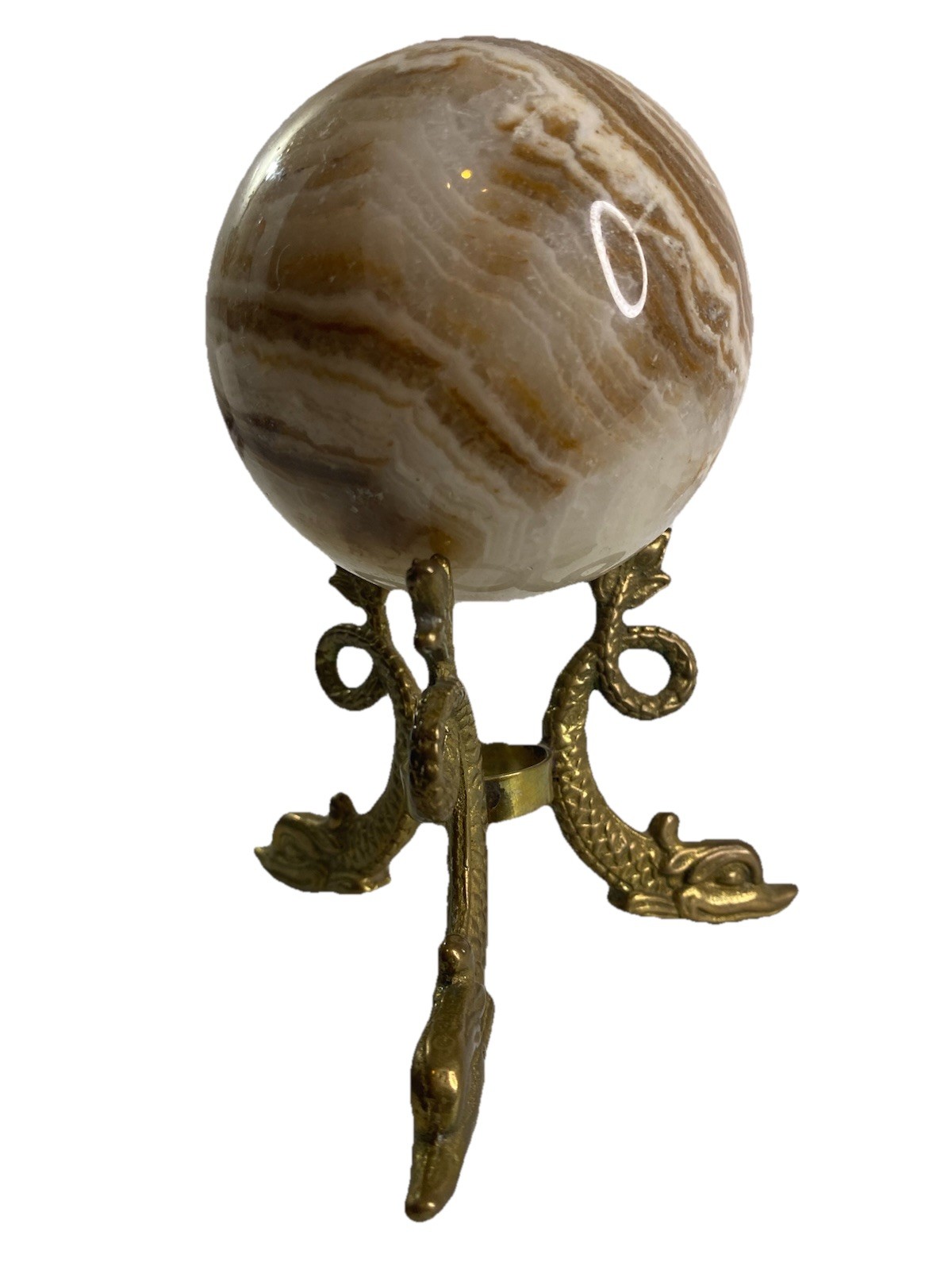 Onyx Marble Sphere Ball w/ Brass Dragon Stand Banded Calcite Decor