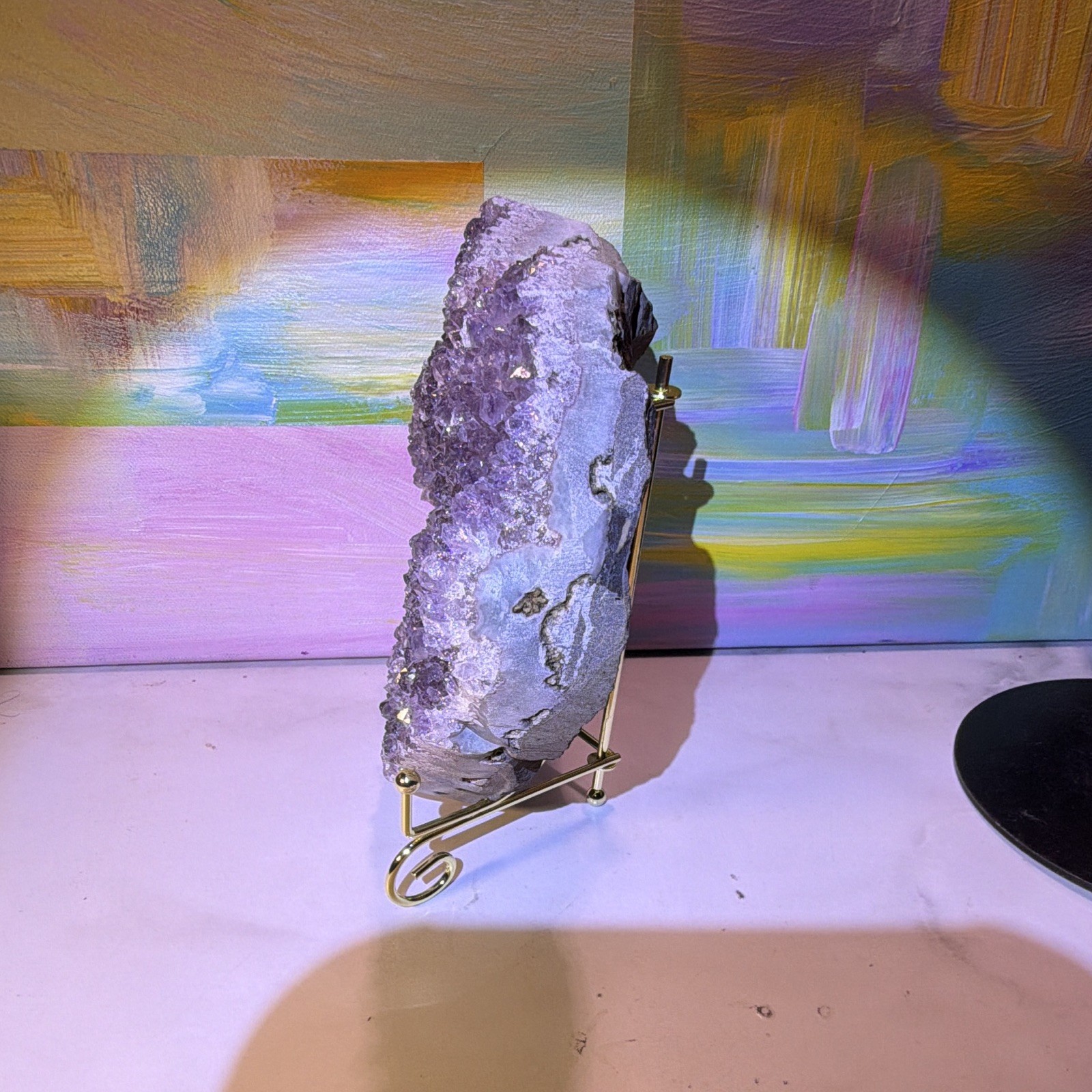 Heart-Shaped Purple Crystal Cluster Mineral Display Specimen on Metal Stand 8 in
