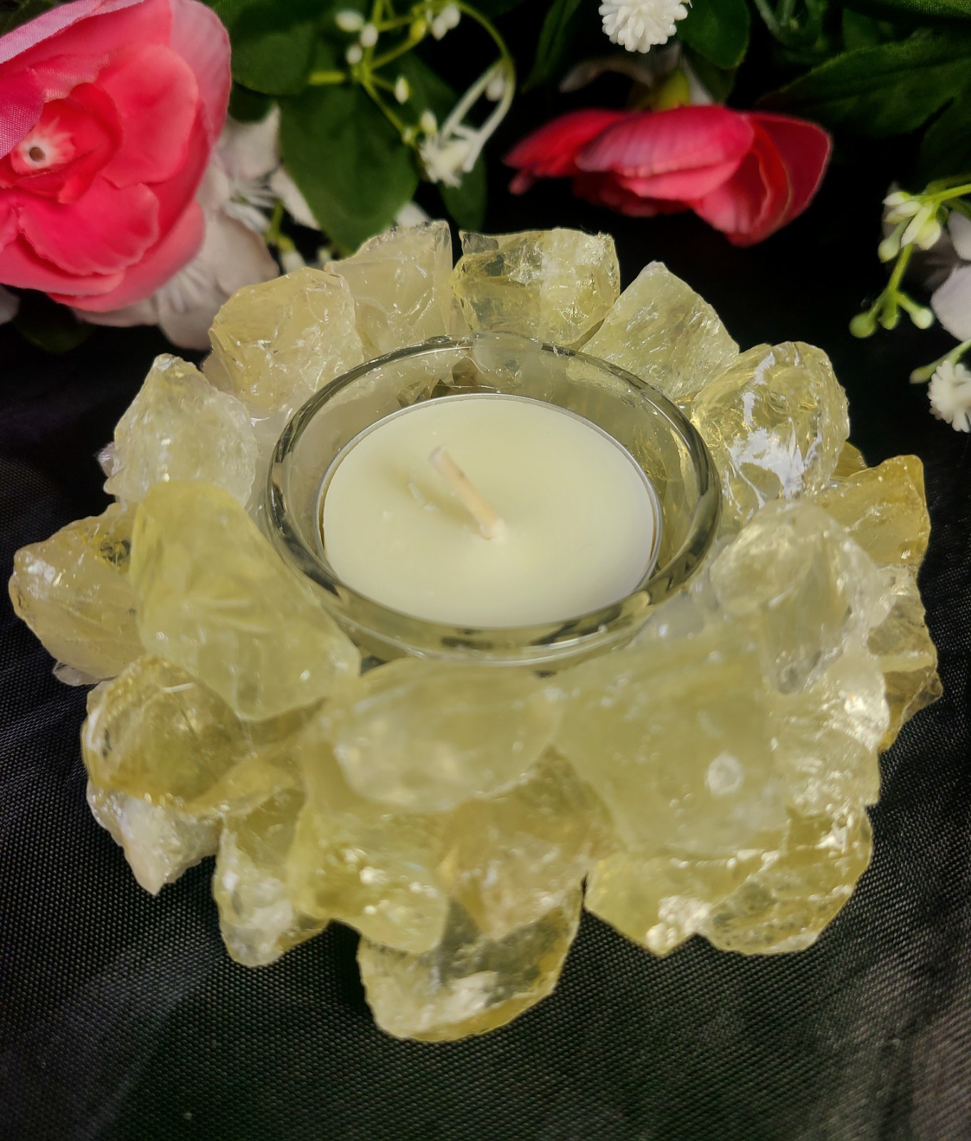 Large 4″ Pretty Citrine Quartz Tea Light or Sphere Stand Crystal Ball Holder