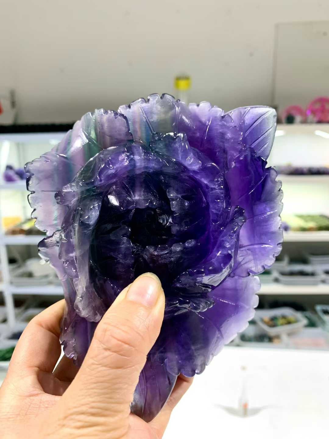 1pc Natural Purple Fluorite Quartz Carved Peony Flower Skull Crystal Reiki Decor