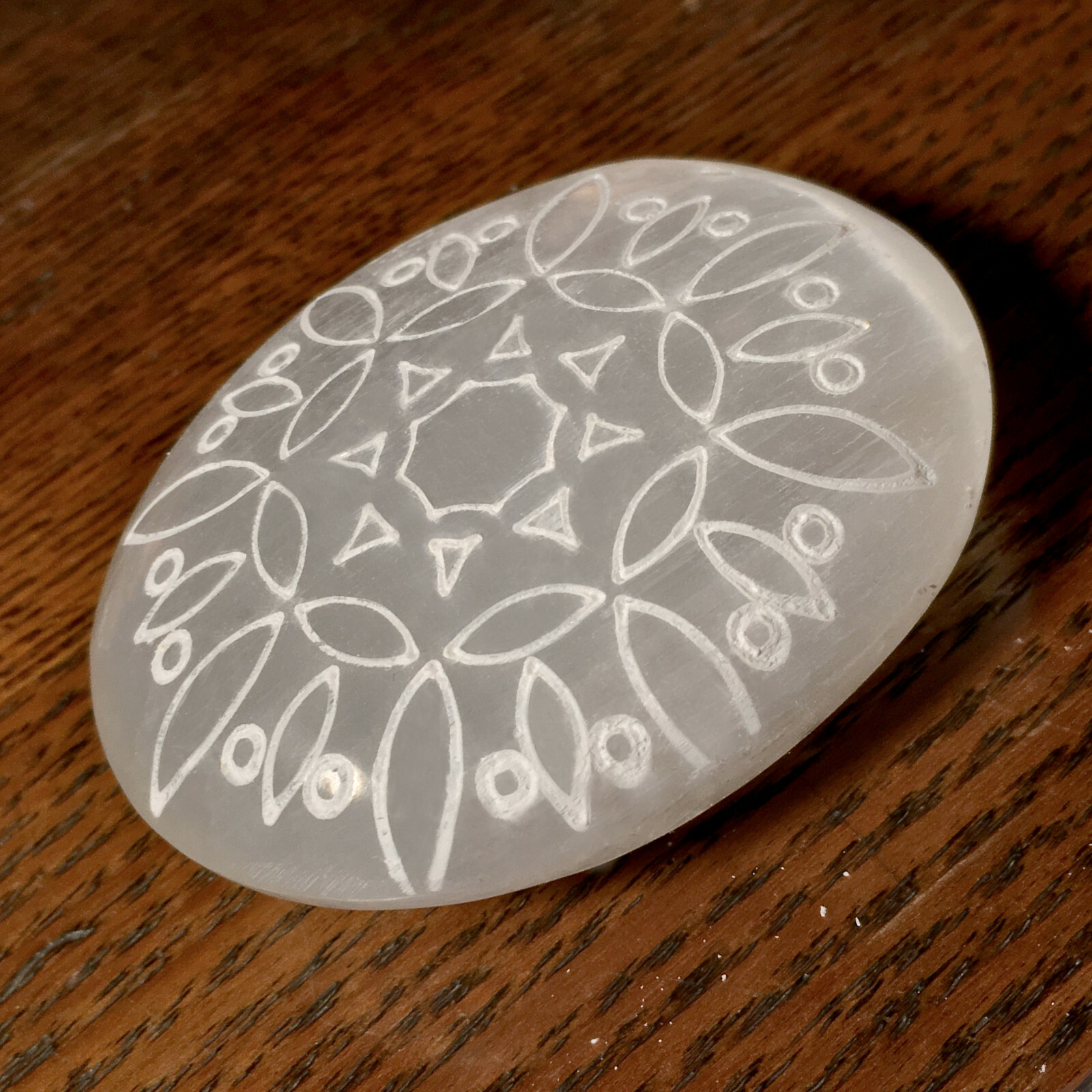 Natural Selenite Palm Stone Sacred Geometry Crystal Healing Polished Worry Stone