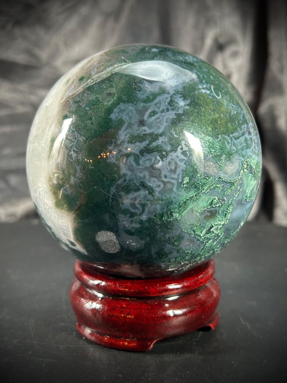 3.25″ Unique Moss Agate And Quartz Sphere With Wood Stand 1lb 10.3oz