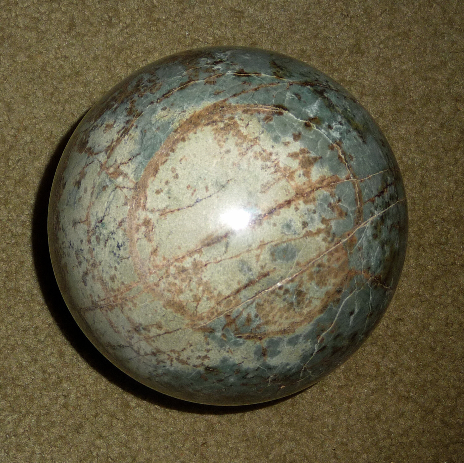 Large Green & White Brown lines Marble Gemstone Rock Sphere 4 3/4″ US handmade