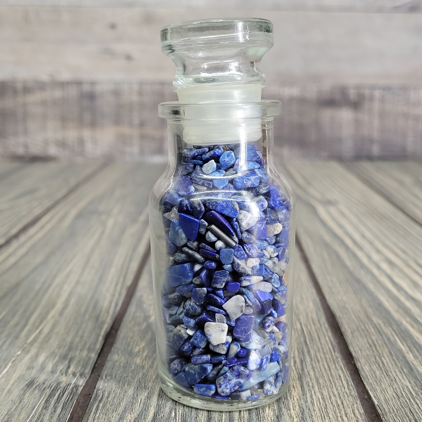Lapis Lazuli Crystal Chips 4oz in Vintage Apothecary Glass Spice Jar Tumbled EUC