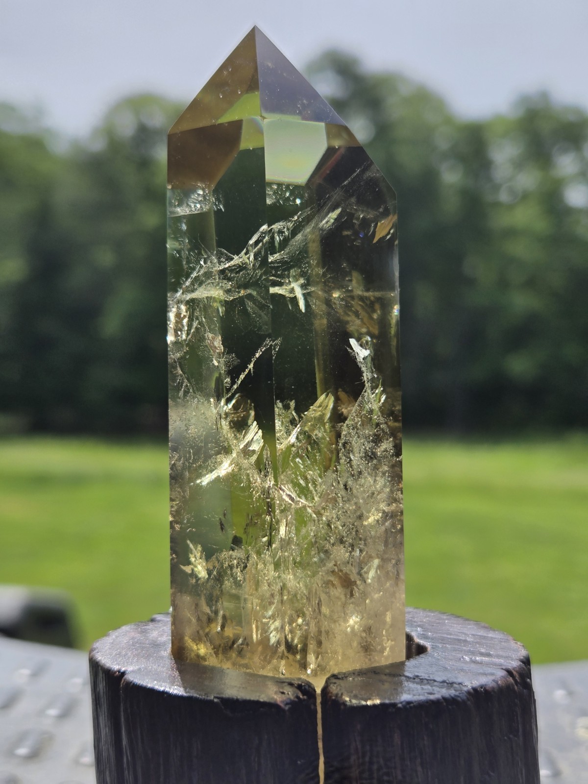 Large Natural Citrine Tower Point with Golden Inclusions on Wood Stand