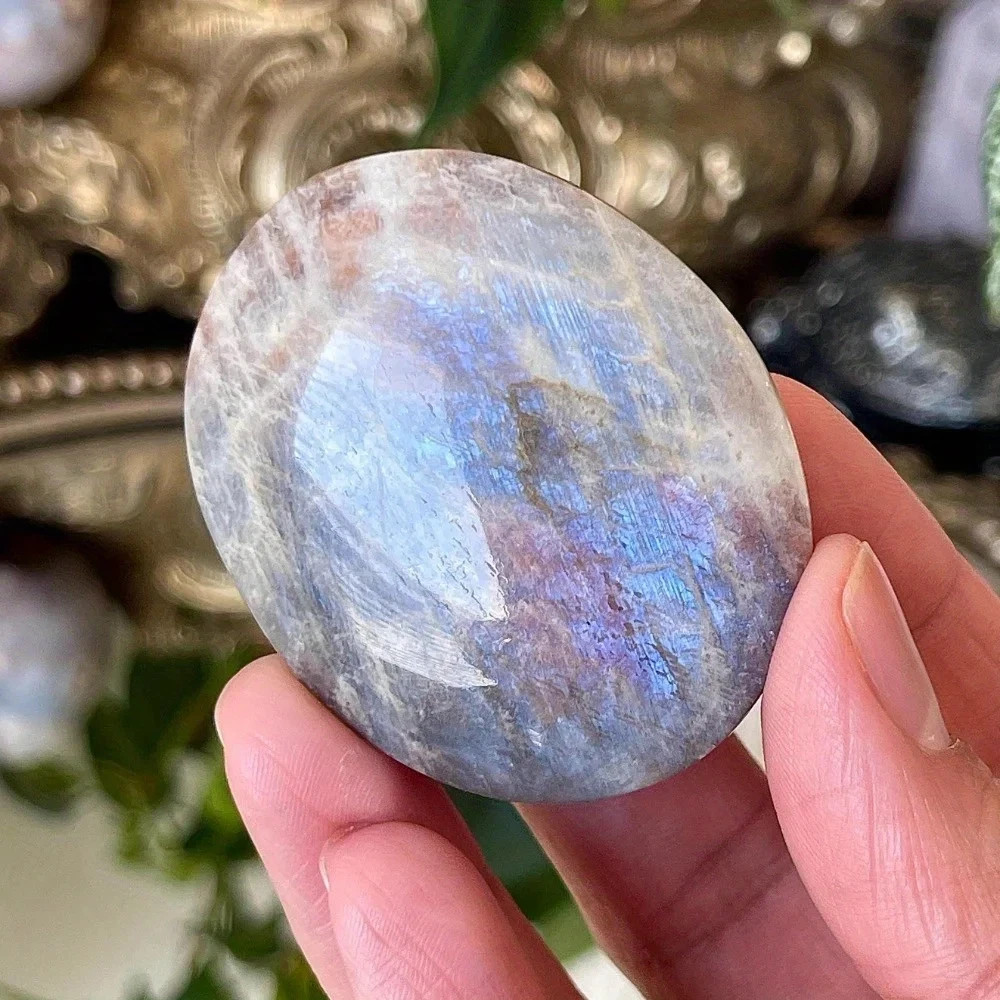 2.5″ Blue Flash Moonstone Tumbled Stone Healing Crystal Pocket Palm Stone Gift