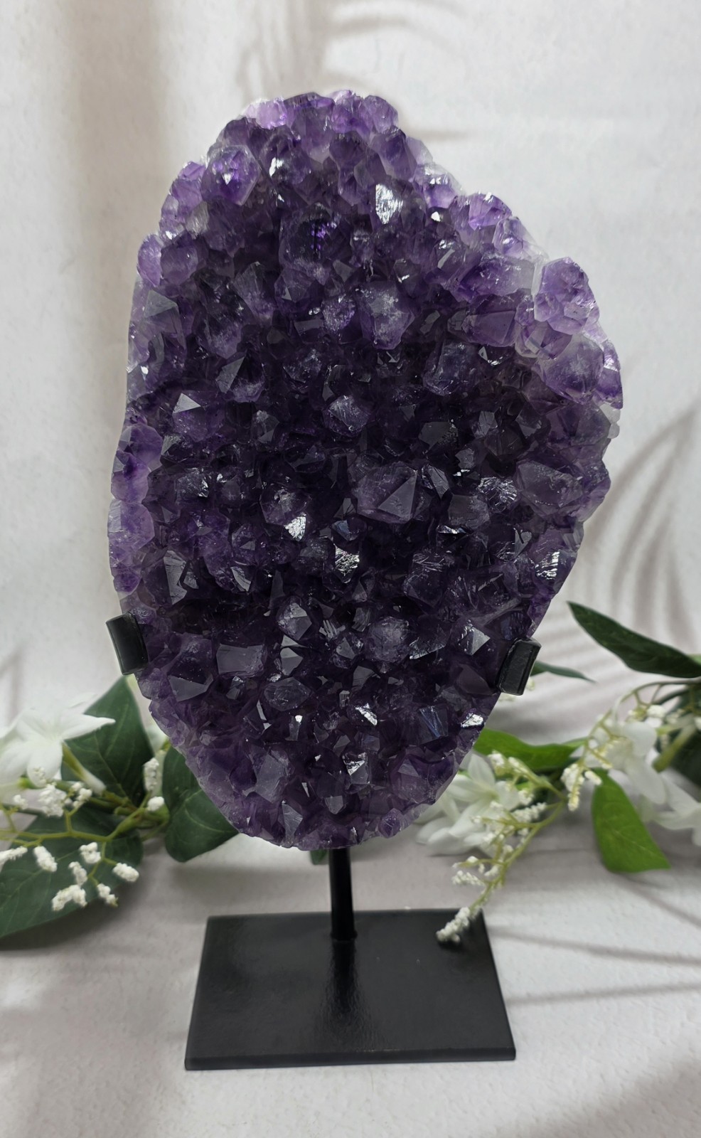 Large Uruguay Amethyst on Black Metal Stand Natural Purple Crystal Display