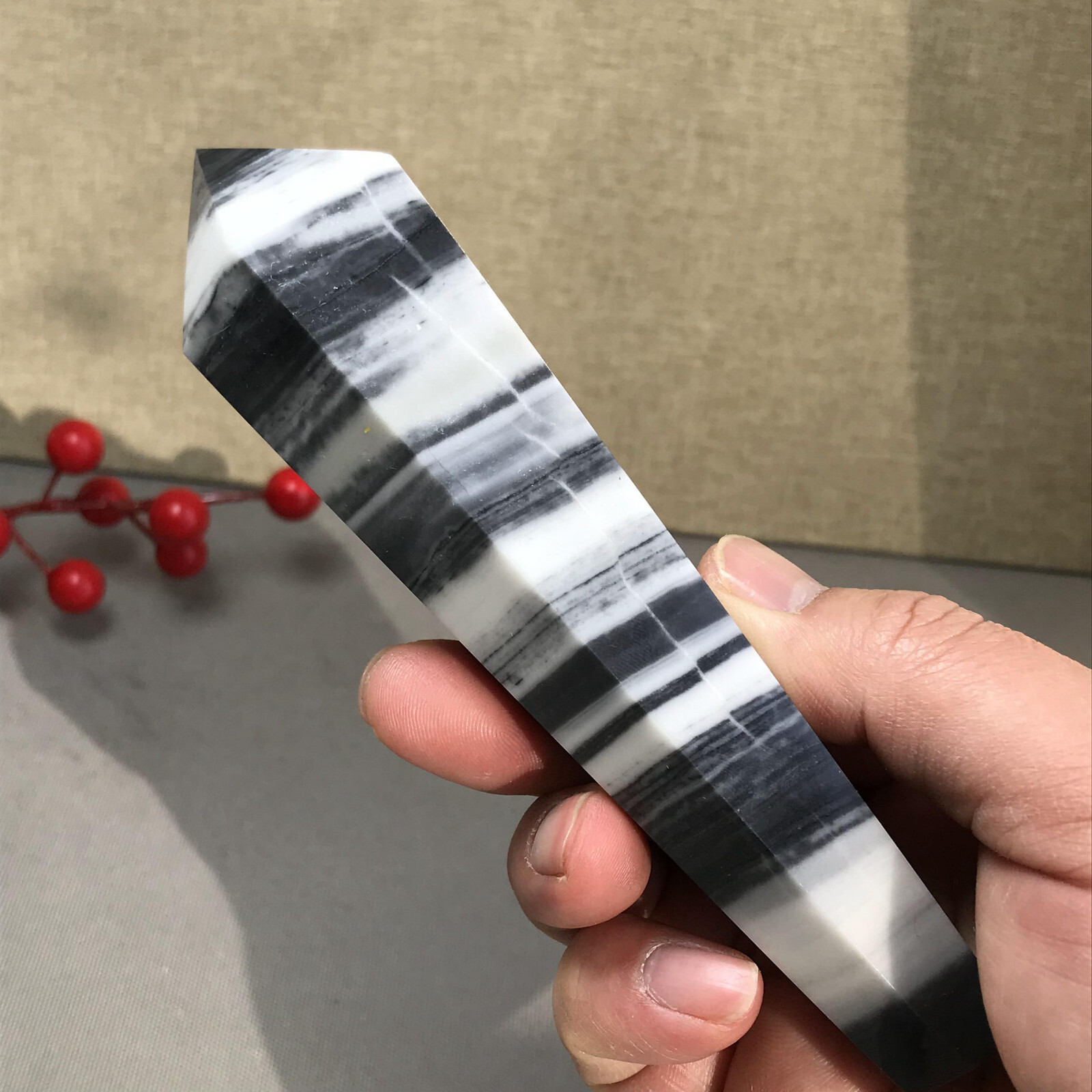 151mm Long Natural Taiji Stone stripe wand Obelisk Crystal specimens 255g A5779