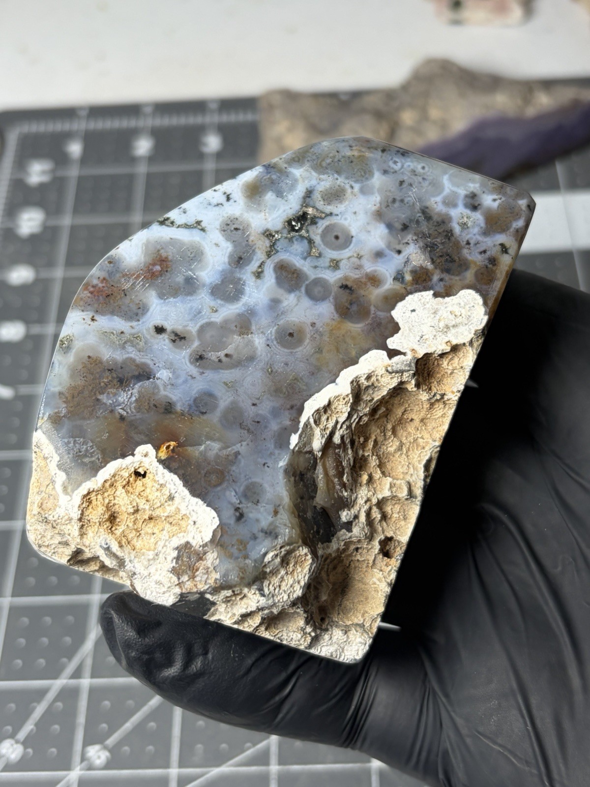 Beautiful Ocean Jasper Standing Free Form Orbs Bluish Colors