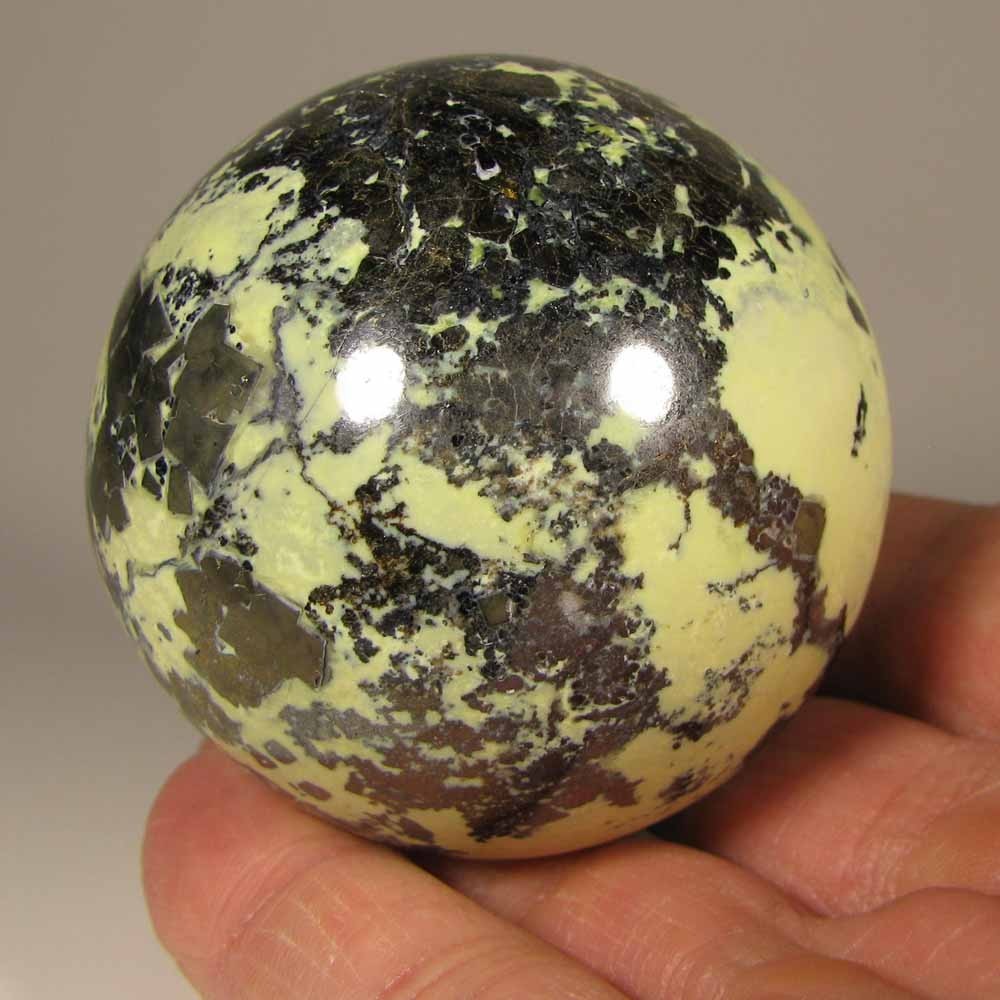 2.2″ SERPENTINE w/ PYRITE Polished Crystal Sphere Ball w/ Stand – Peru – 57mm