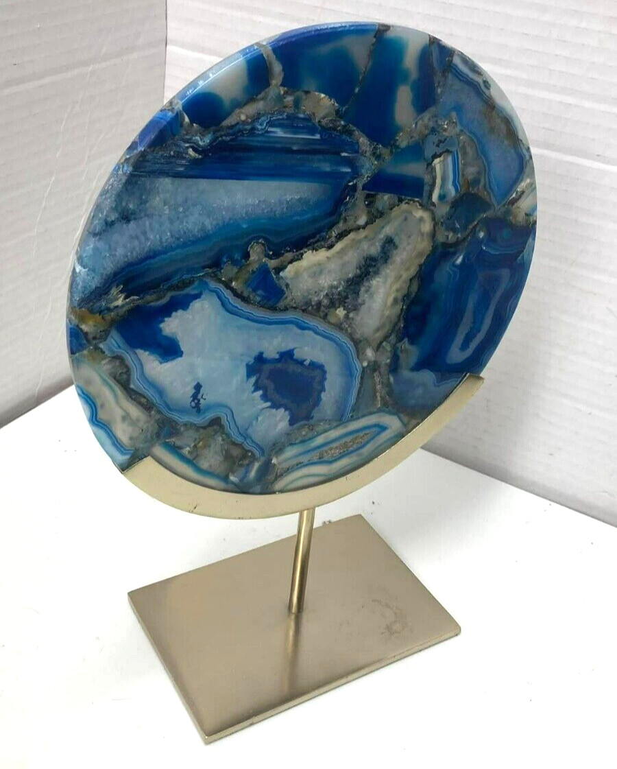 Blue Dyed Agate Slice on Steel Stand 9 Inch Modern Decorative Stone Zodax Style