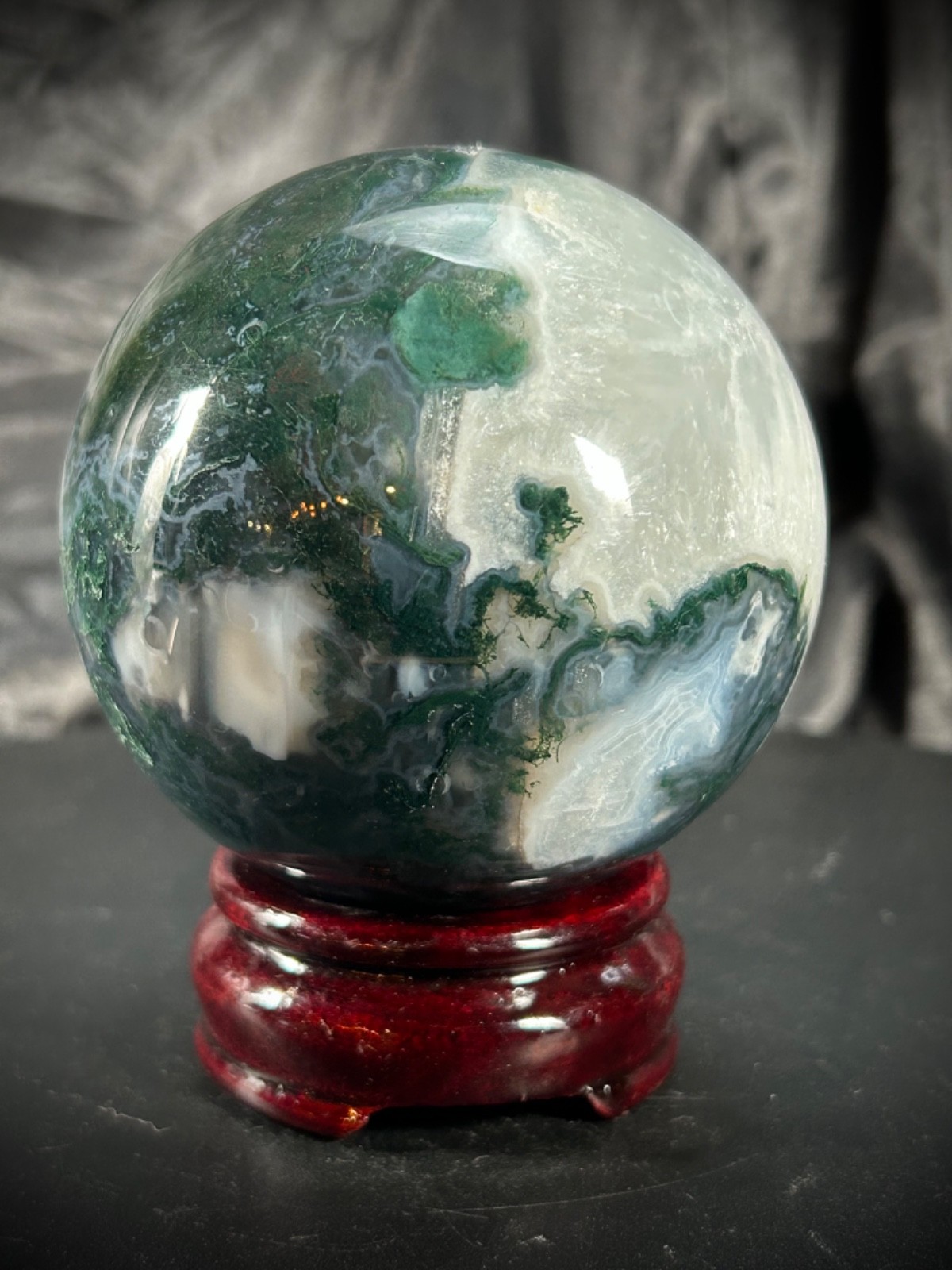 3.25″ Unique Moss Agate And Quartz Sphere With Wood Stand 1lb 10.3oz