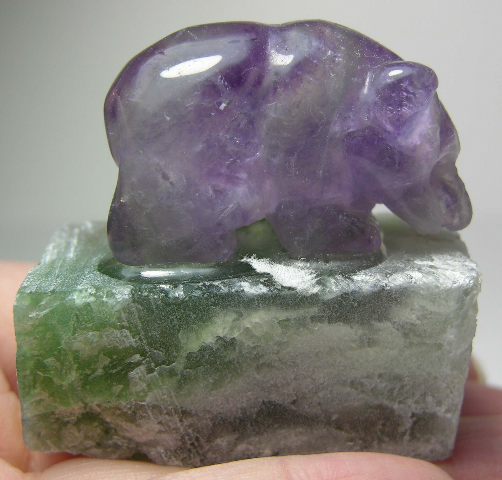 #3 100% 47mm Natural MultiColor Fluorite Bear Carving On Fluorite Rock 1 7/8 in
