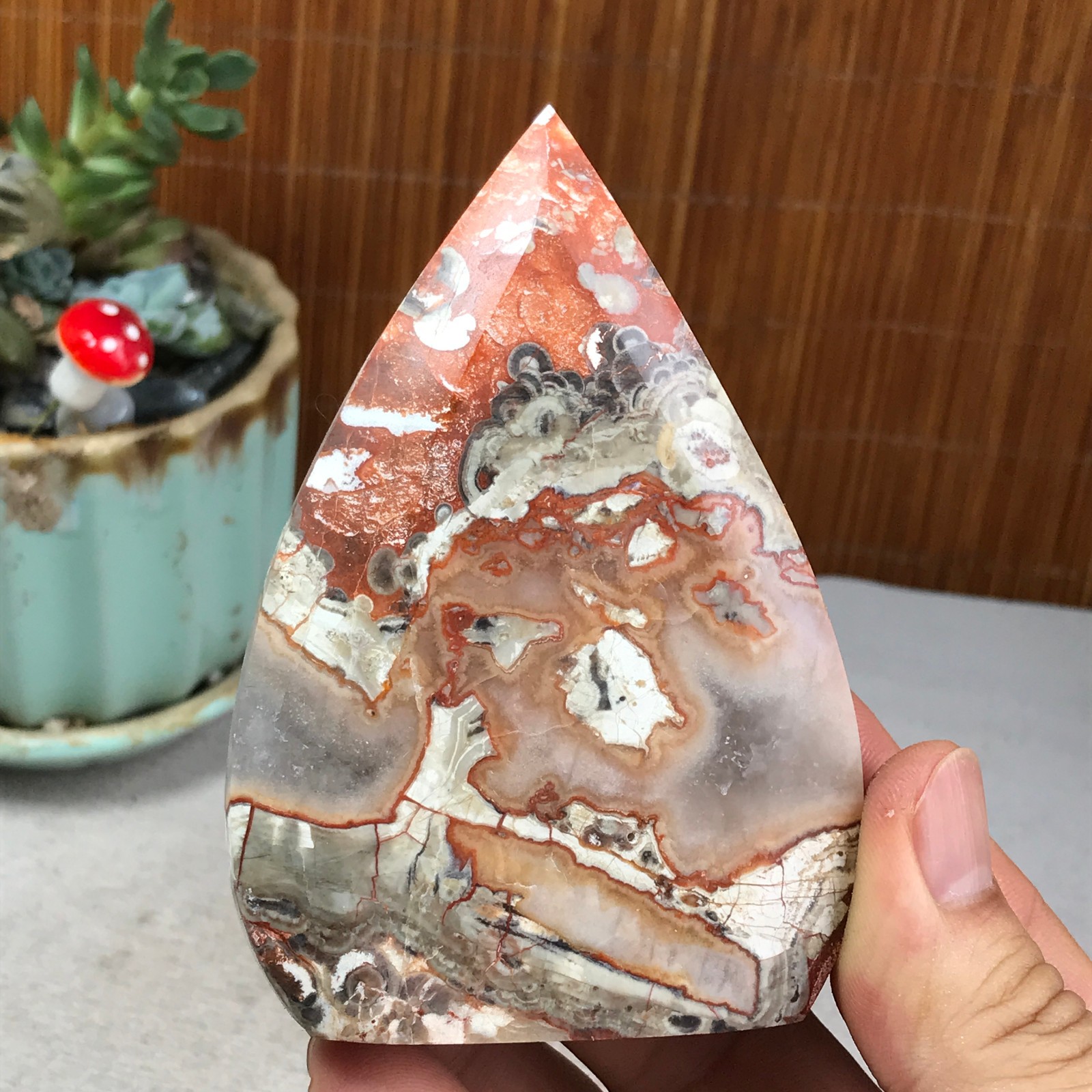 Natural money Mexico agate hand carve leaf Crystal Specimen free standing A6257