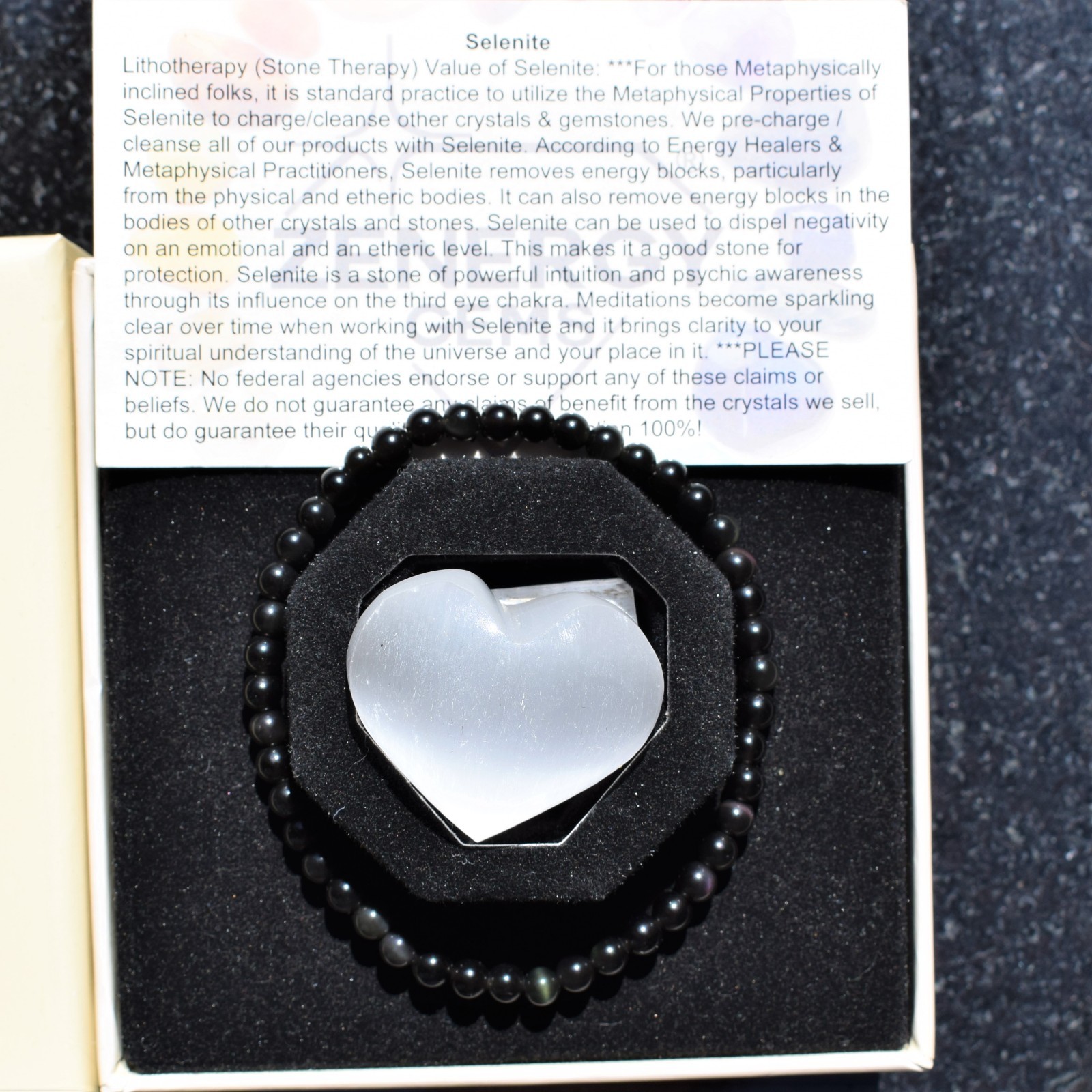 CHARGED Goldsheen Rainbow Obsidian Crystal 8mm Stretchy Bracelet +Selenite Heart