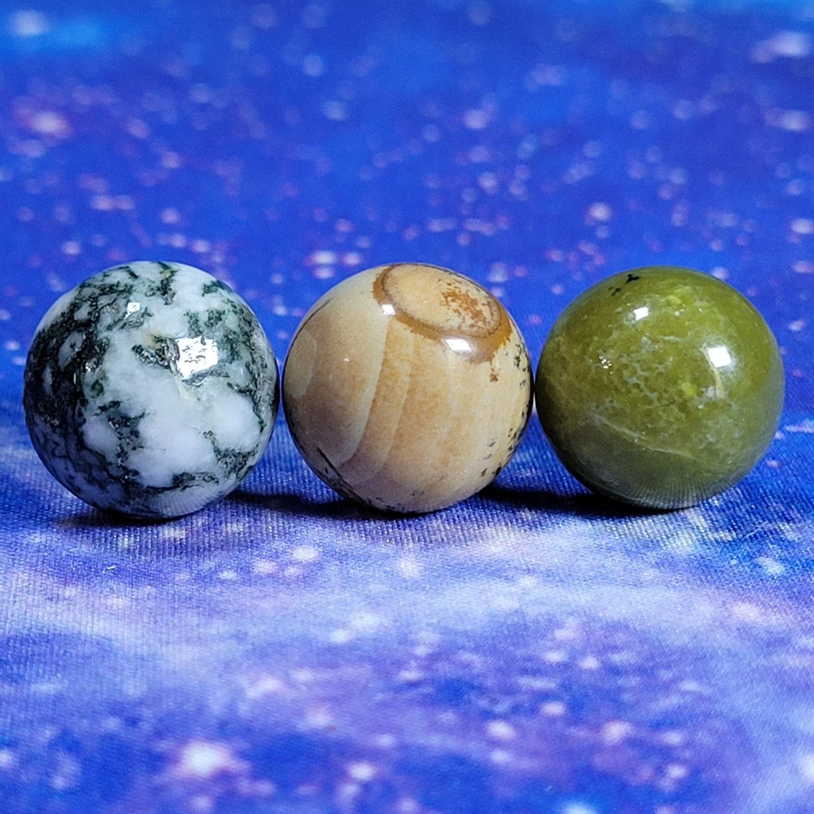 3 Magic Mushroom Carvings: Moss Agate/Picture Jasper/Serpentine 20mm w/Display