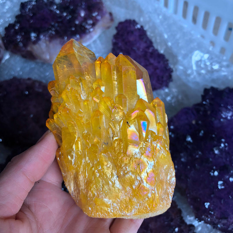 Natural Angel Aura Yellow Energy Titanium Stone Quartz Crystal Cluster Specimen