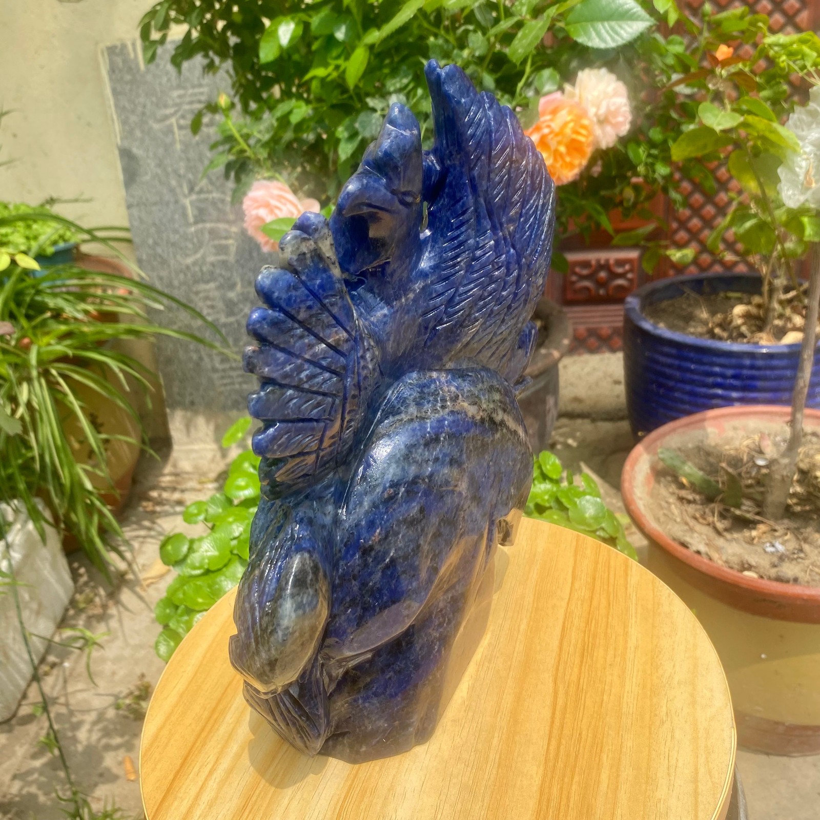 7.71LB Natural Blue Vein Stone Phoenix Carving, Home Decoration