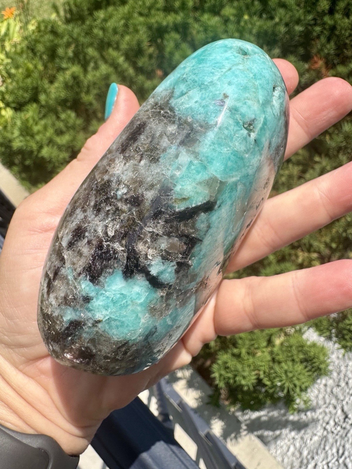 Vibrant Polished amazonite With Smoky Quartz Freeform.