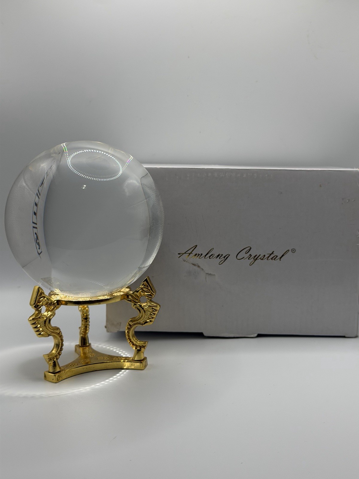 Amlong Crystal Clear Ball Sphere 110mm 4.2” Gold Dragon Stand NIB