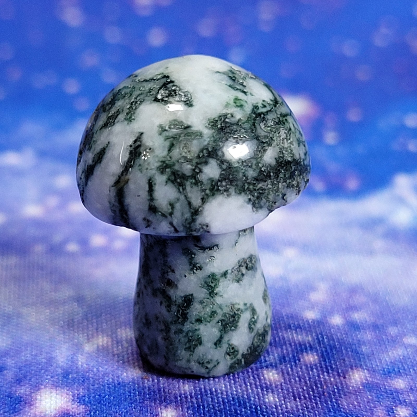 3 Magic Mushroom Carvings: Moss Agate/Picture Jasper/Serpentine 20mm w/Display