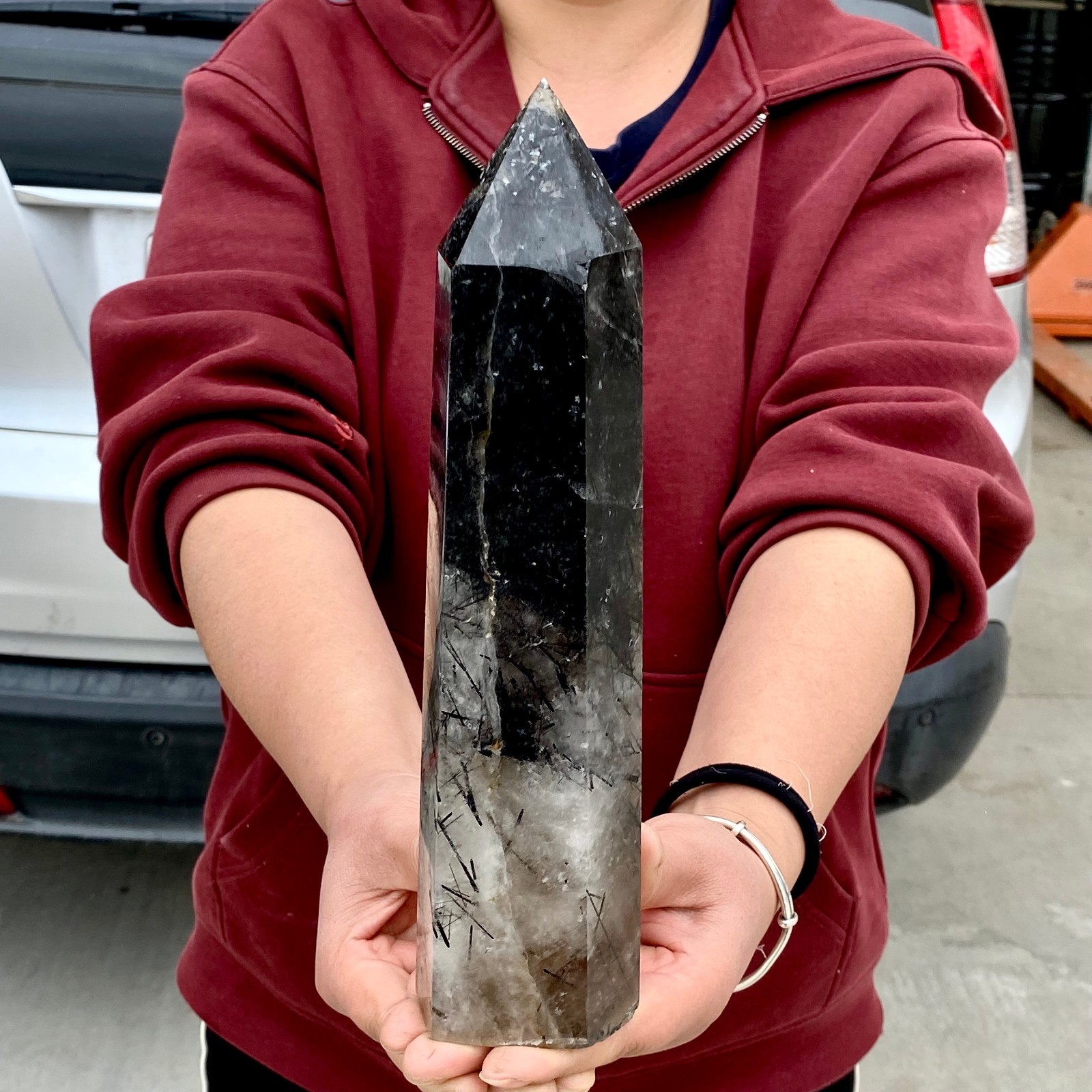 3.4LB Natural Black Hair Quartz Obelisk Crystal Energy Point Wand Reiki Decor