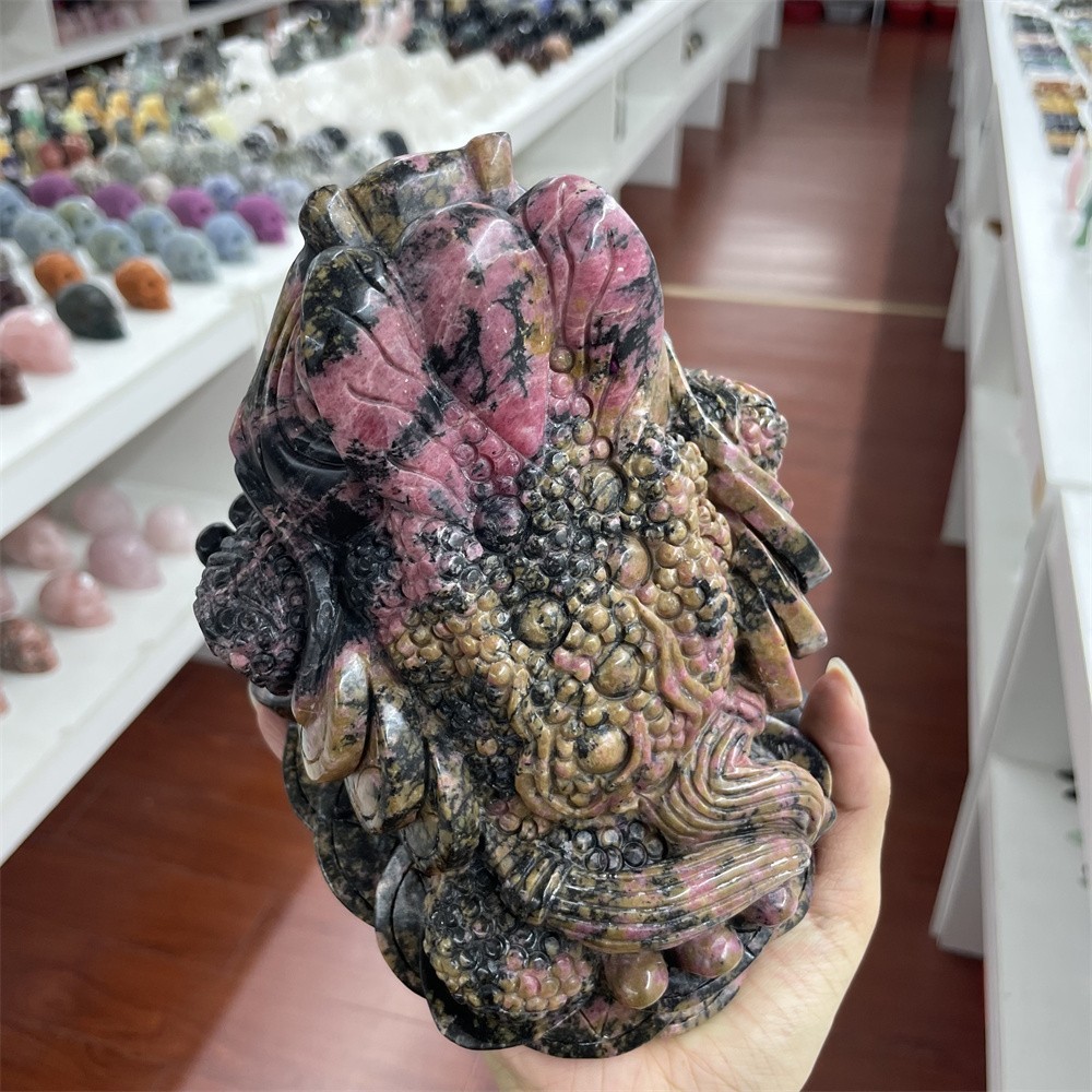 10.6LB 6.5″A+Natural Rhodonite Money Toad Crystal Hand Carved Statue Hand Carved