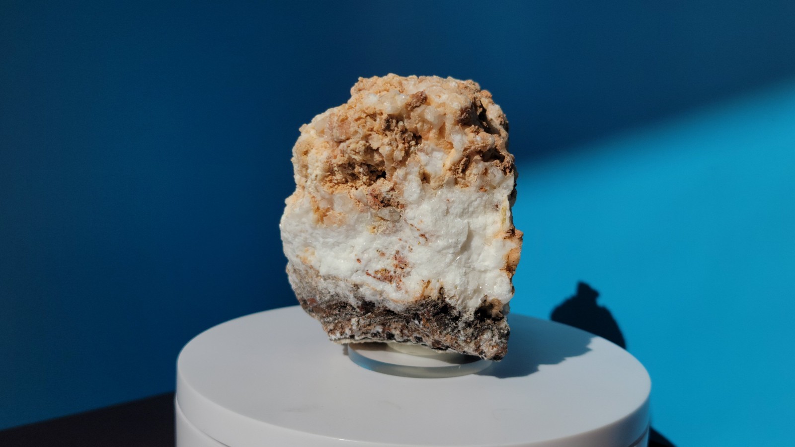 316 G. Perimorphic Quartz and Calcite Specimen with Plexiglass Round Stand